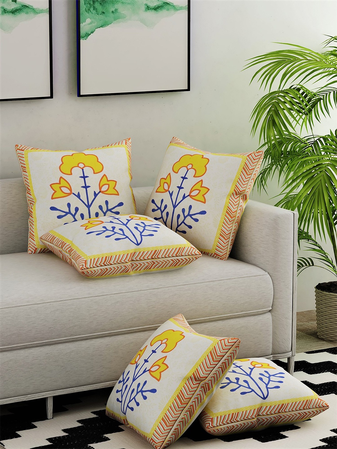 Salona Bichona White & Yellow Set of 5 Floral Square Cushion Covers