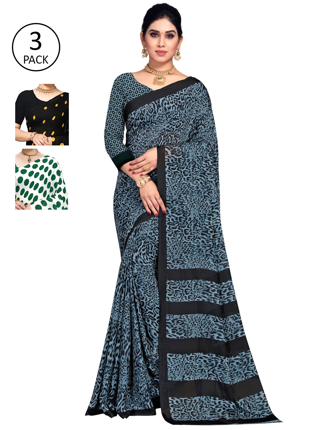 KALINI White & Green Pack of 3 Printed Saree
