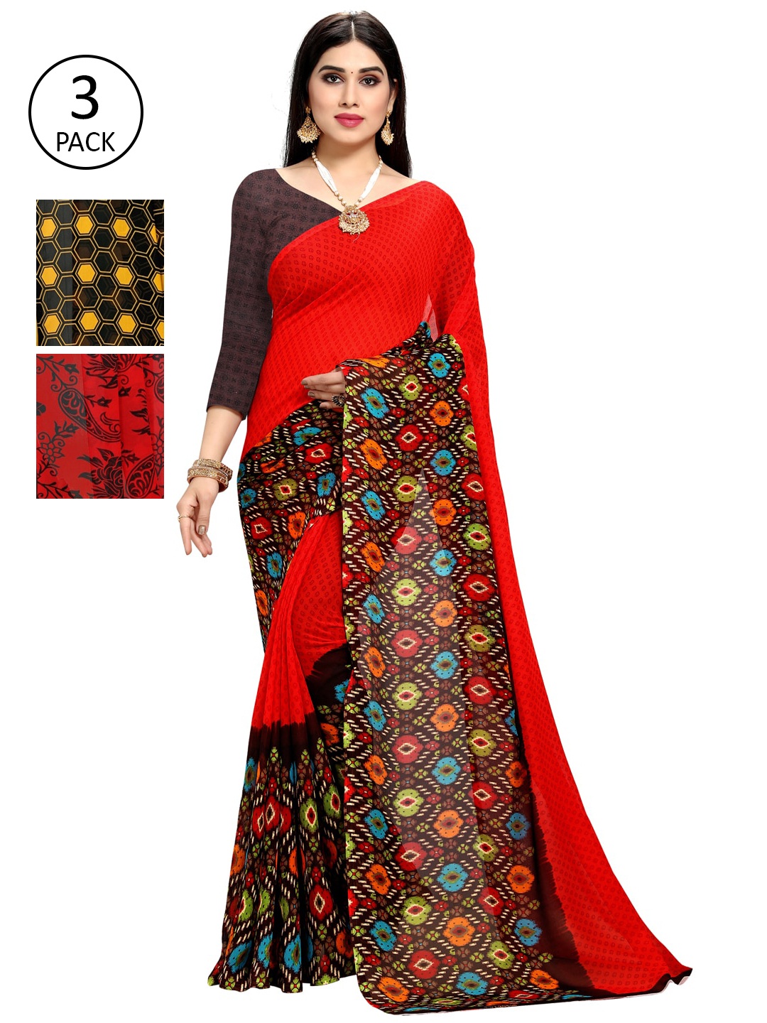 KALINI Multi Pack of 3 Printed Poly Georgette Saree