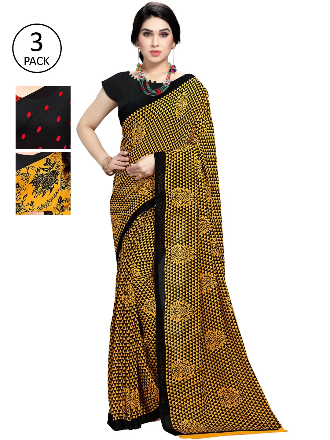 KALINI Pack Of 3 Multicoloured Poly Georgette Sarees, Multi