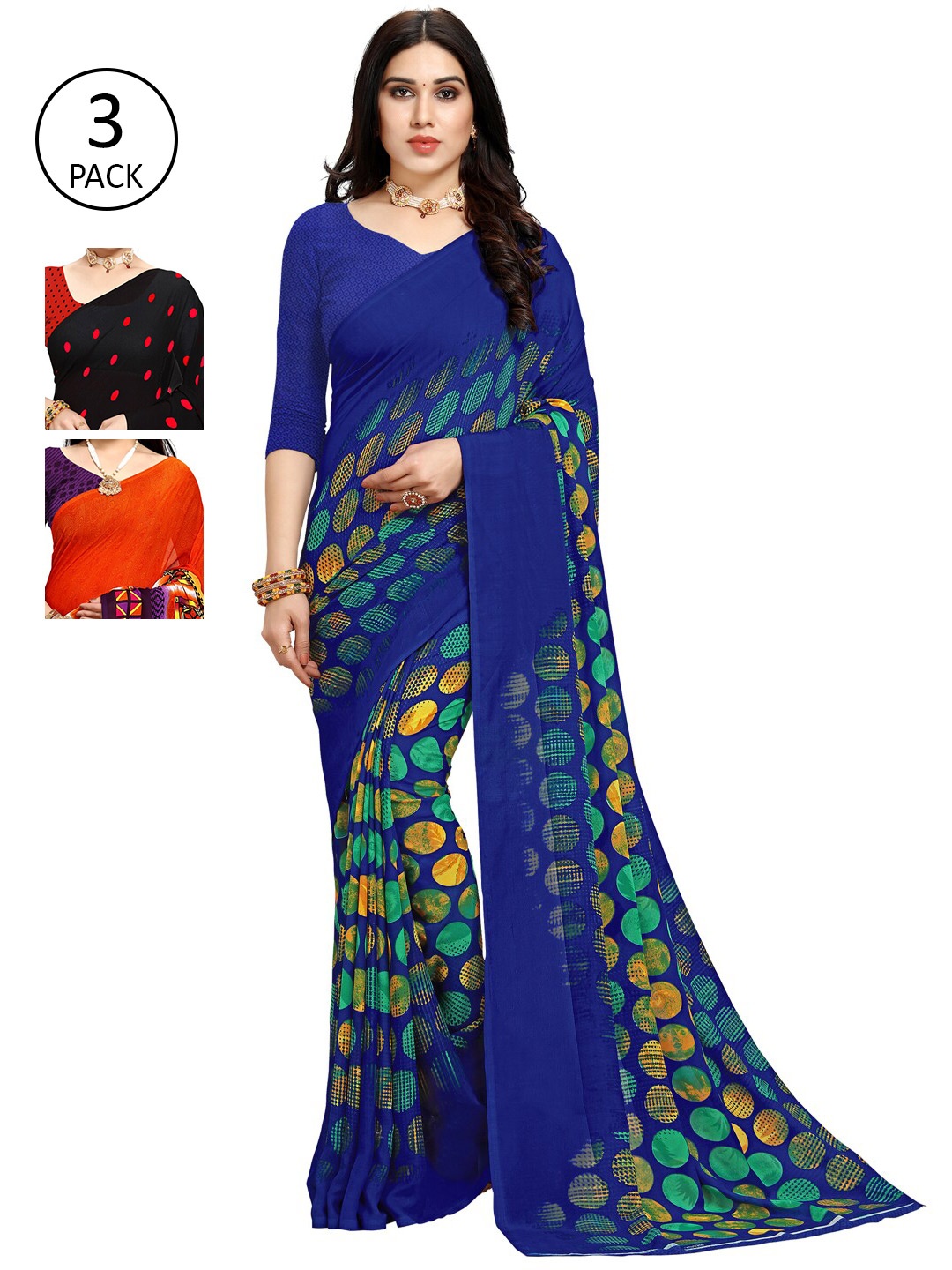 KALINI Pack of 3 Poly Georgette Printed Sarees, Blue