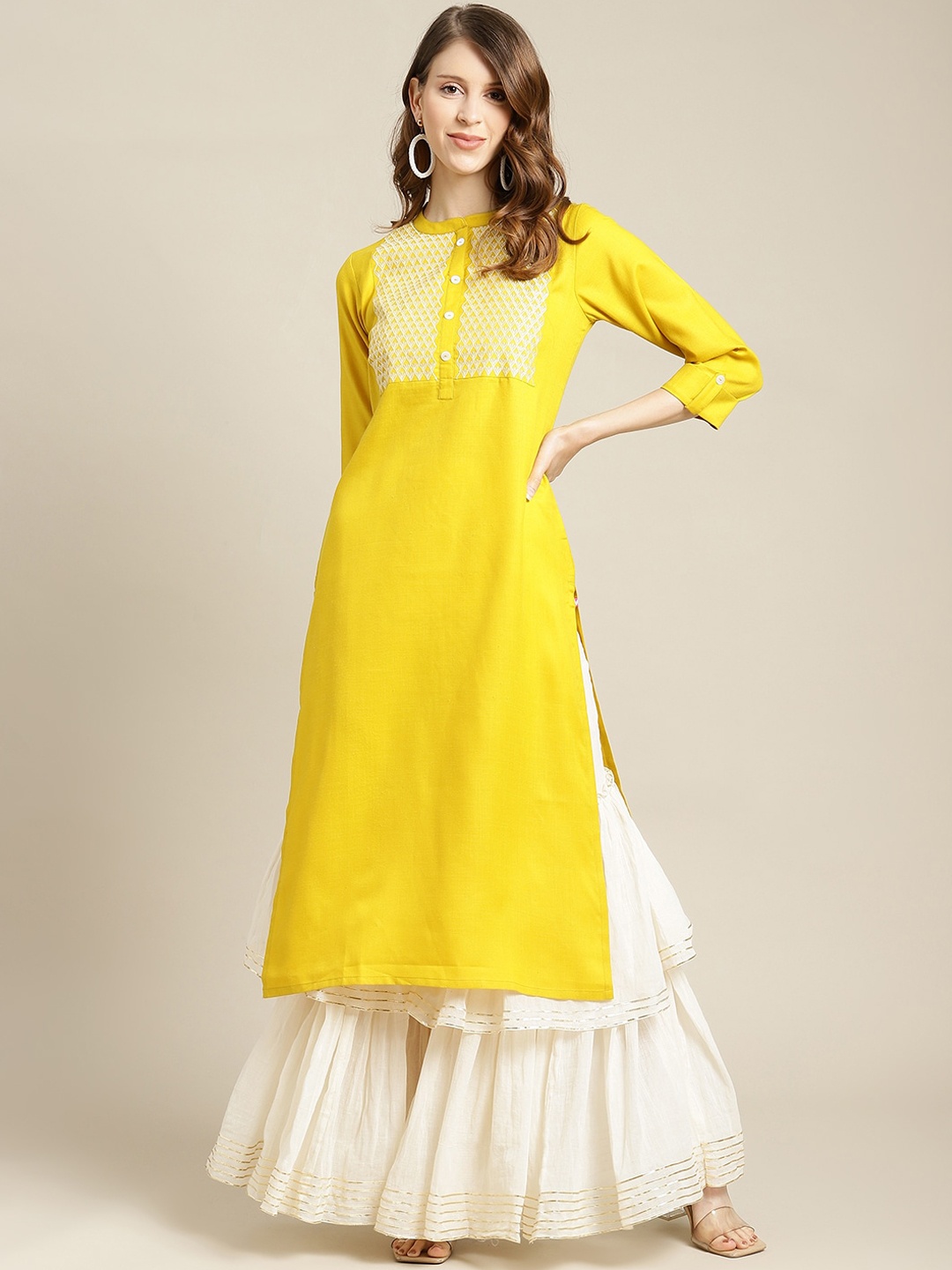 Varanga Women Mustard Yoke Design Thread Work Anarkali Kurta