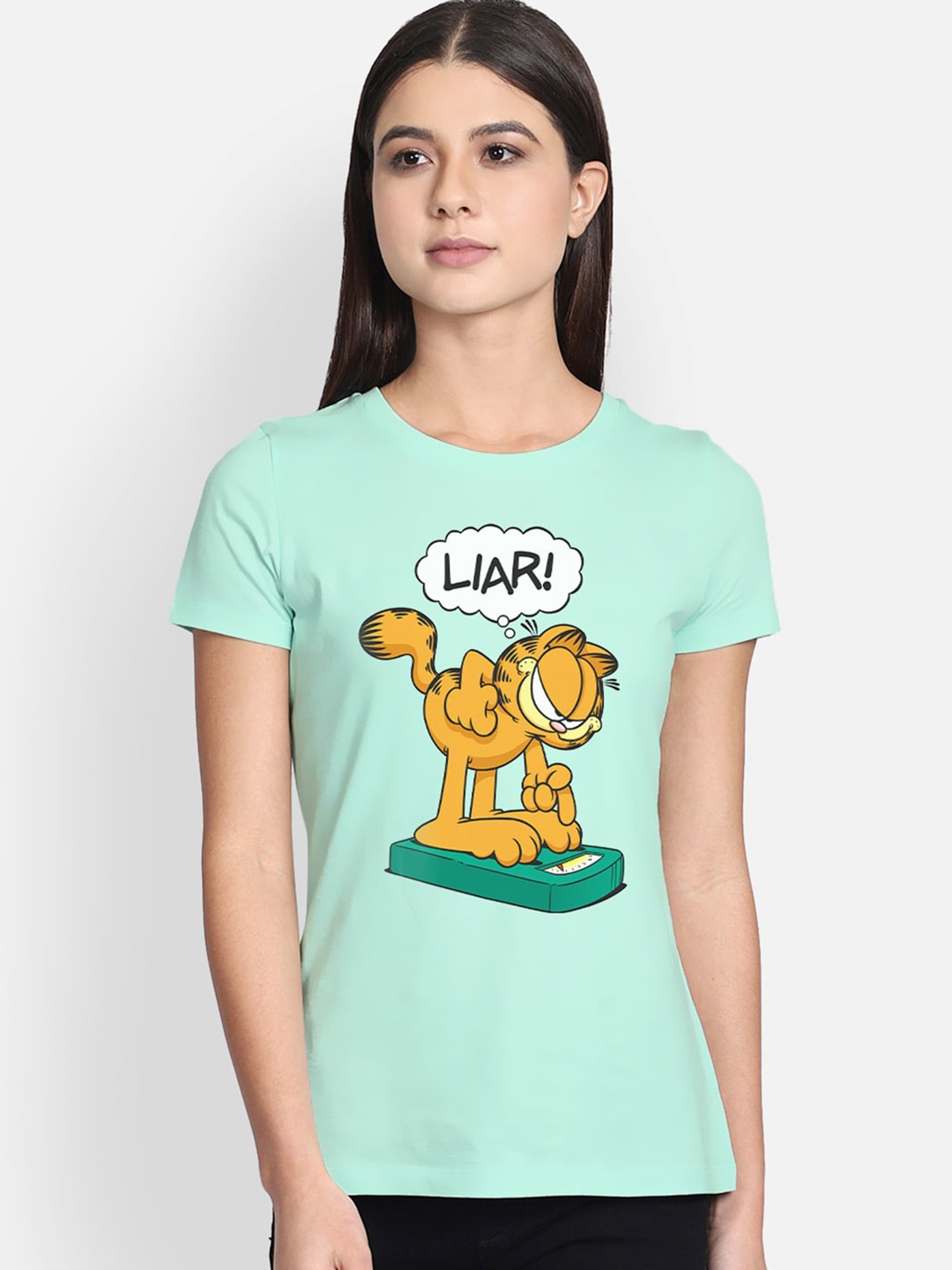 Free Authority Women Green Garfield Printed Cotton Pure Cotton T-shirt