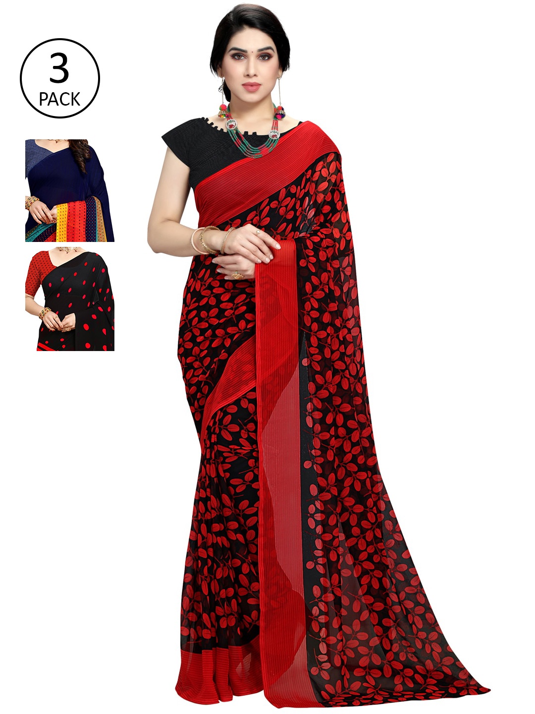 KALINI Red & Black Pack of 3 Printed Saree