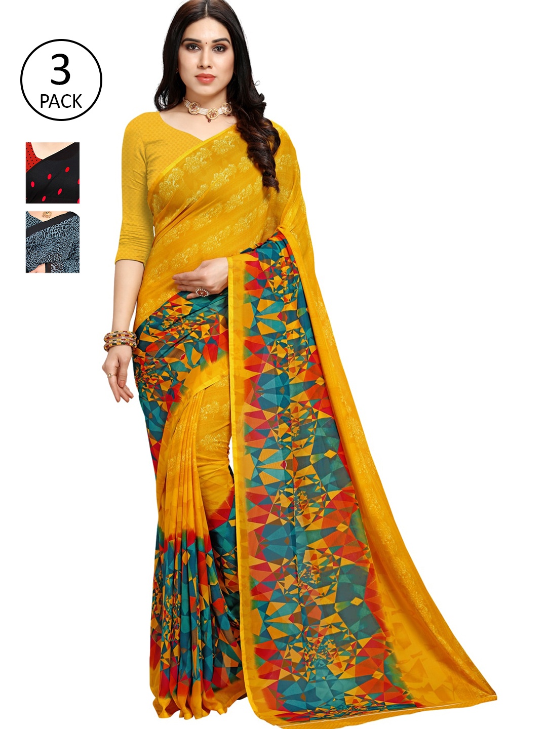 KALINI Pack Of 3 Poly Georgette Printed Sarees, Black