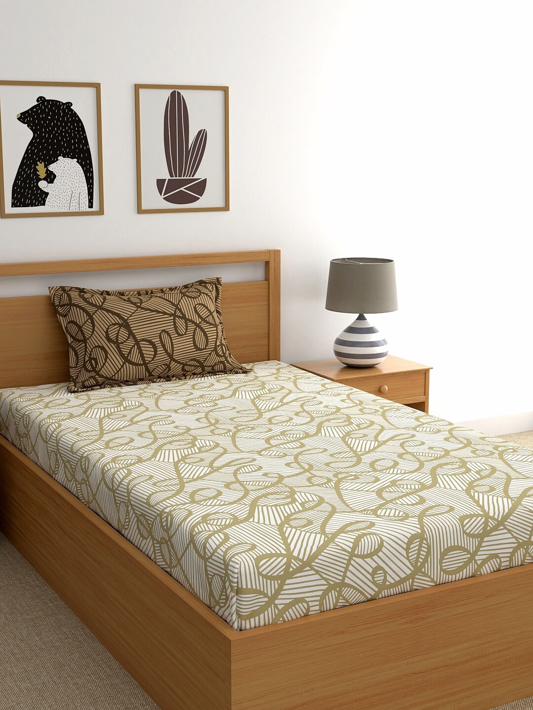 Dreamscape Brown & White 140 TC Single Bedsheet with 1 Pillow Cover