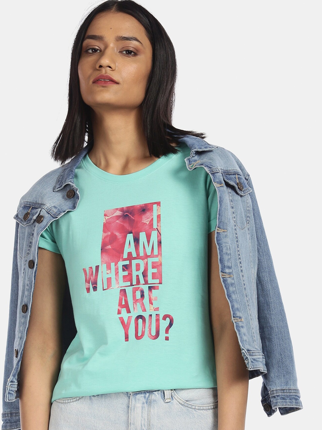 Sugr Women Blue Typography Printed Tropical T-shirt