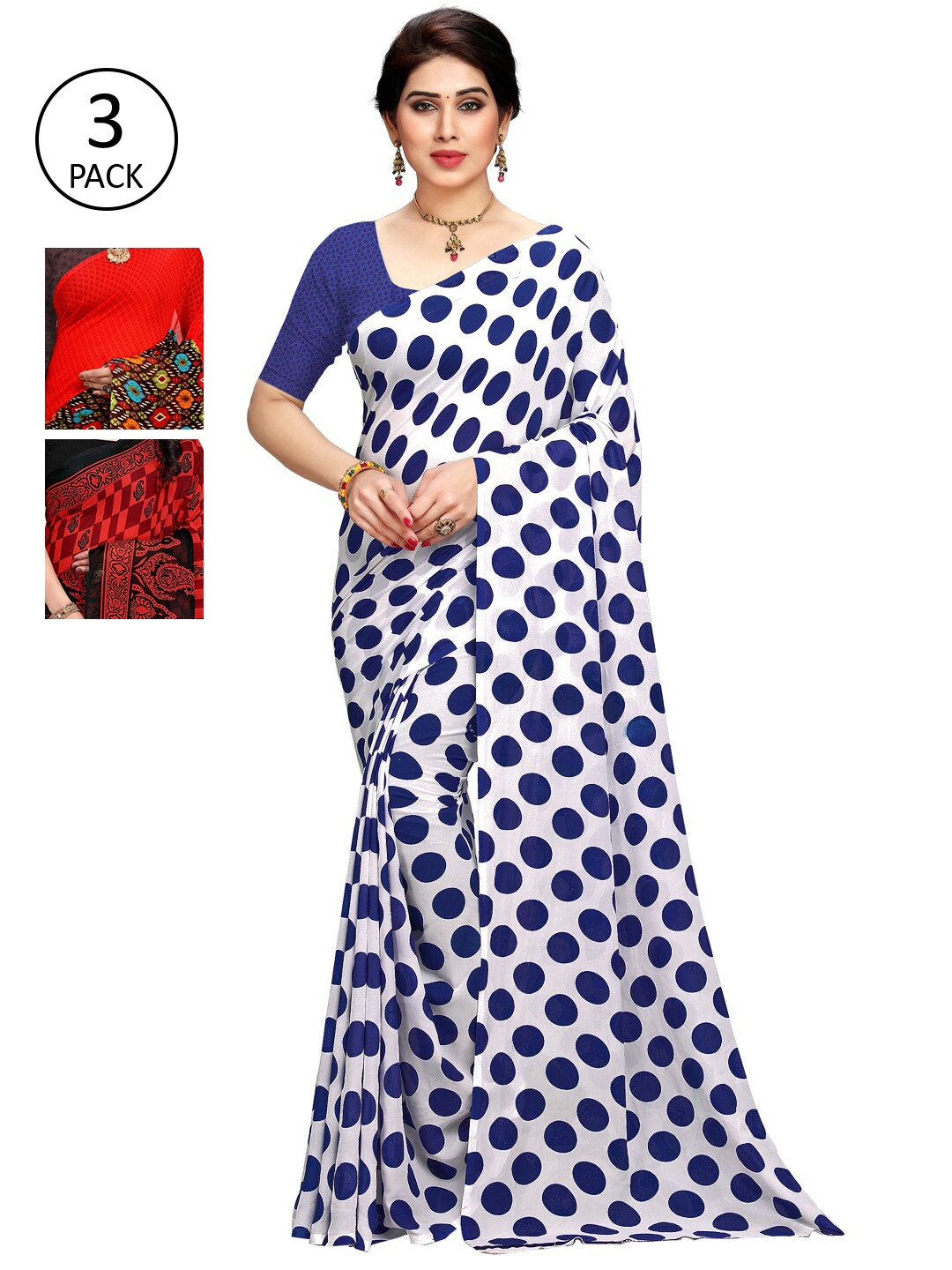 KALINI White & Blue Pack of 3 Saree