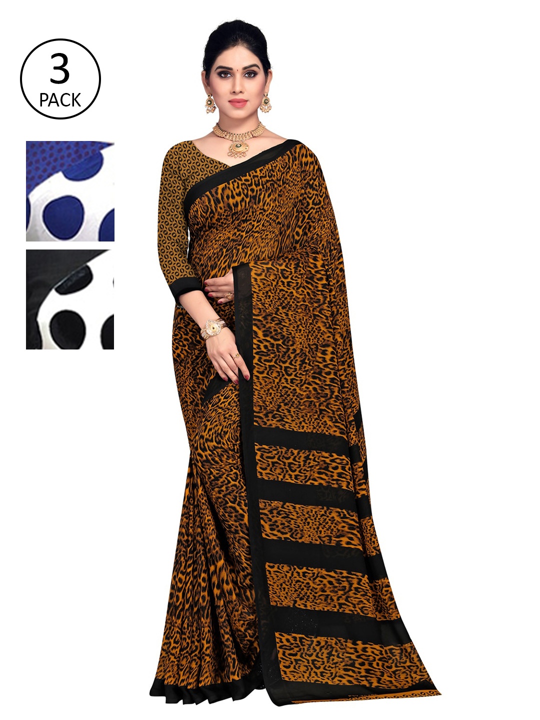KALINI White & Blue Pack of 3 Printed Saree