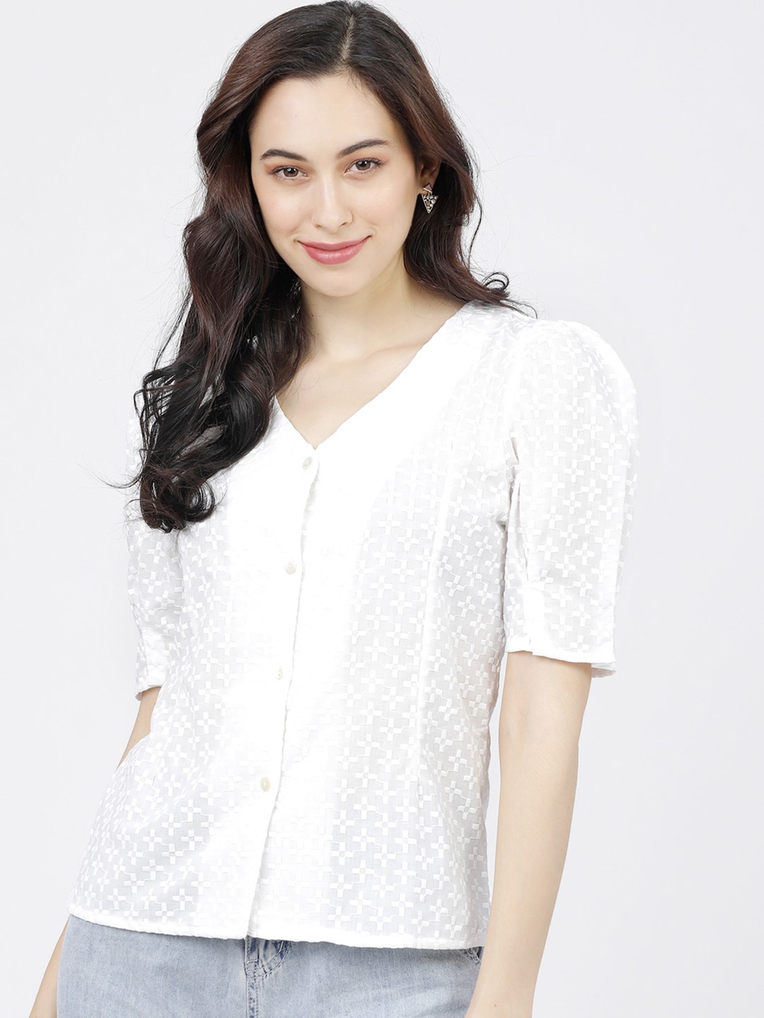 Tokyo Talkies Off White Geometric Embroidered Puff Sleeve Regular Top