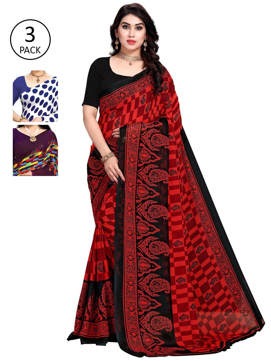 KALINI Women Pack of 3 Printed Poly Georgette Sarees, White