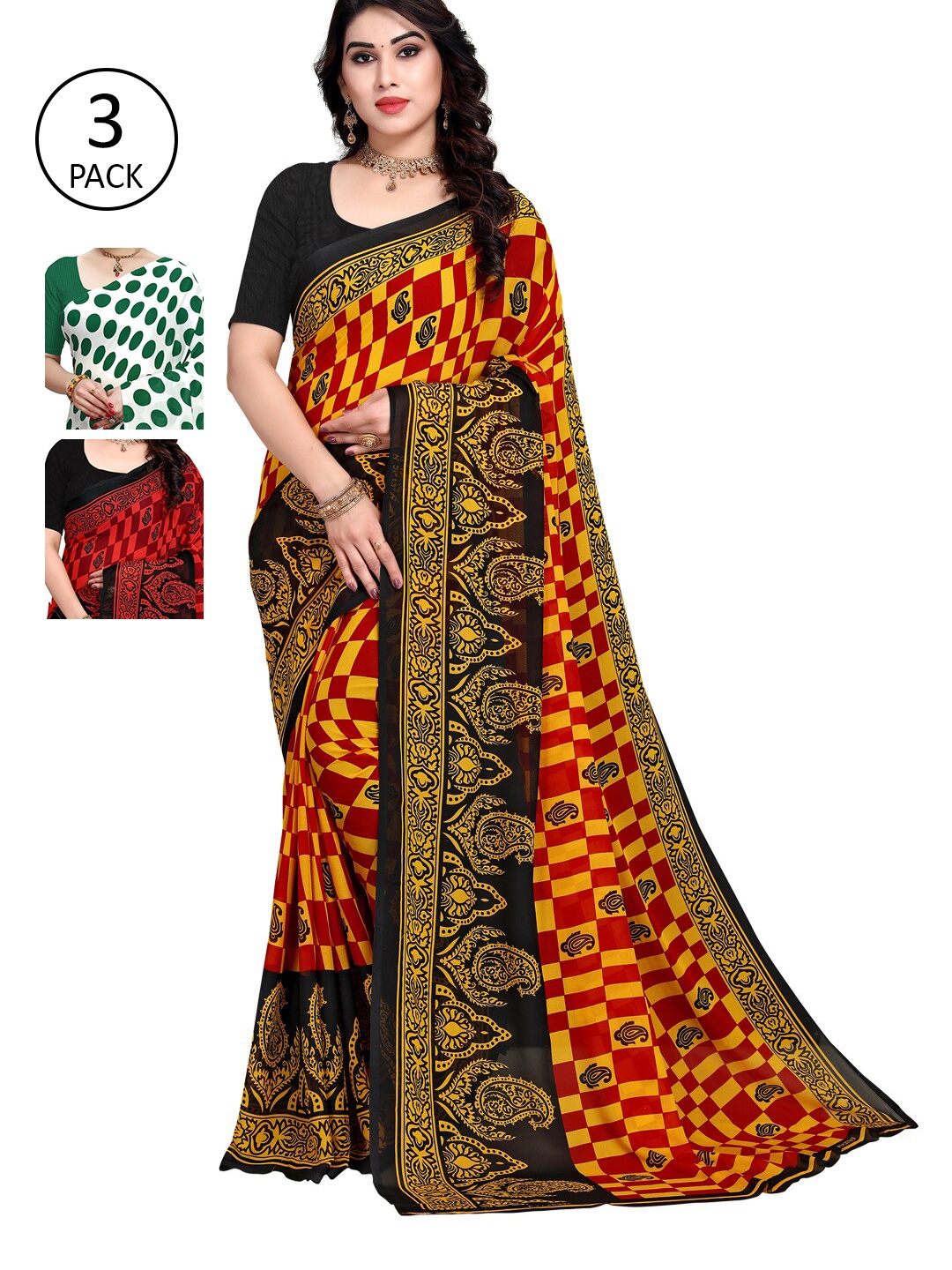 KALINI Pack Of 3 Green & White Saree