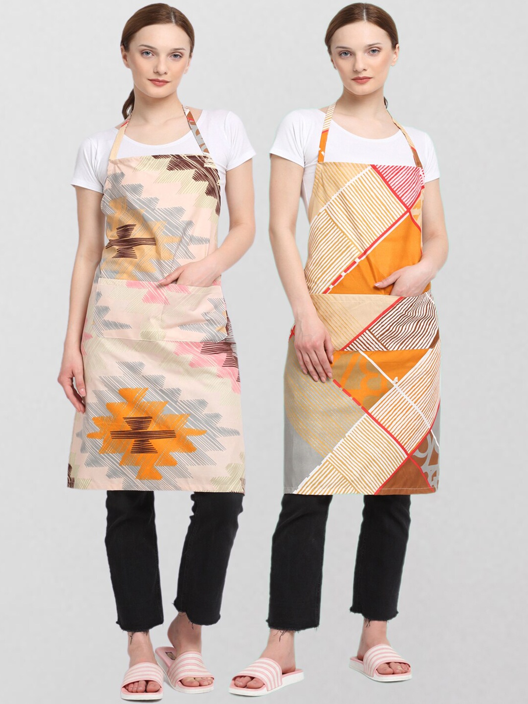 KLOTTHE Unisex Pack Of 2 Printed 210TC Cotton Aprons, Beige