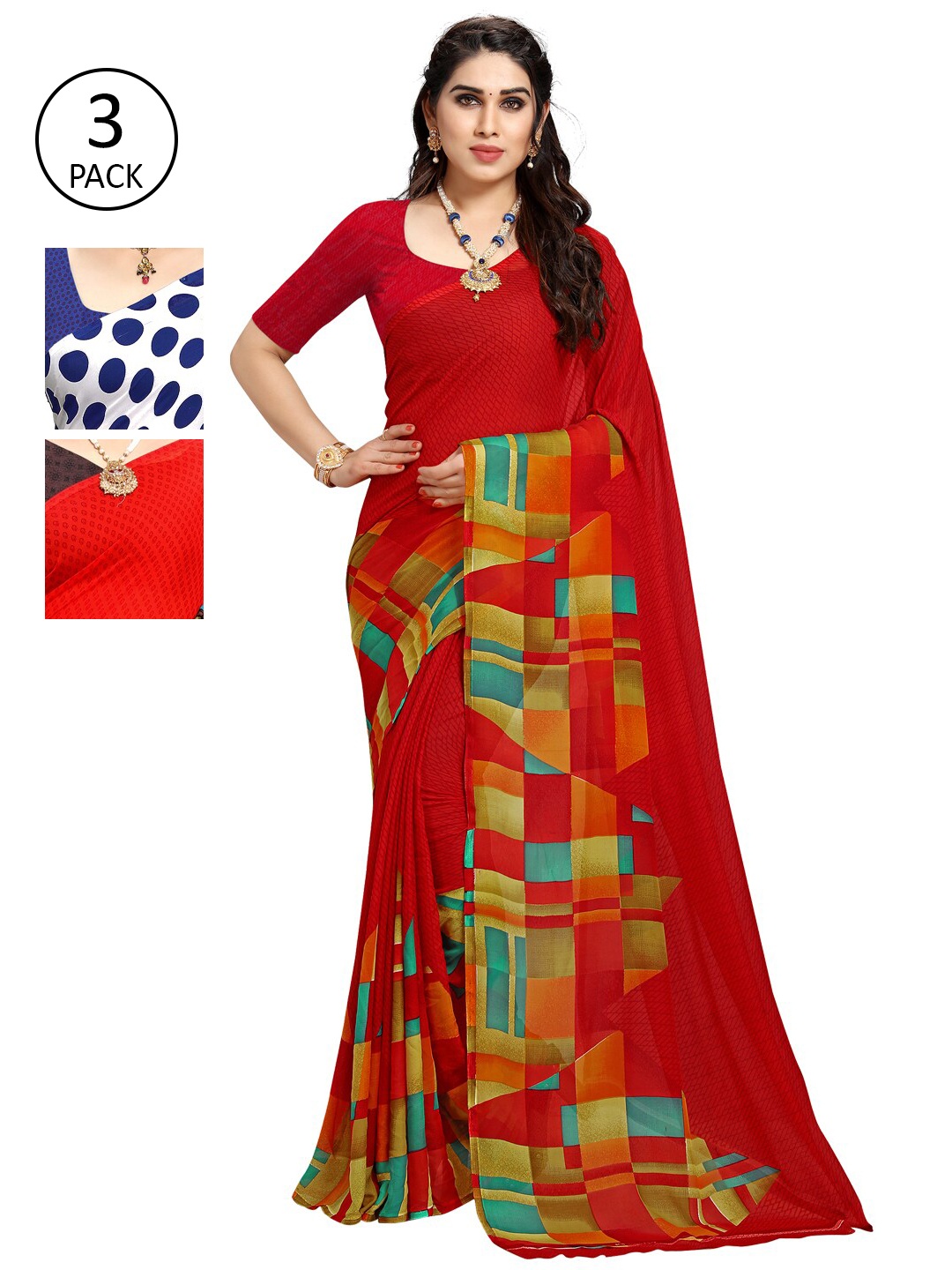 KALINI Pack Of 3 Poly Georgette Printed Sarees, Blue