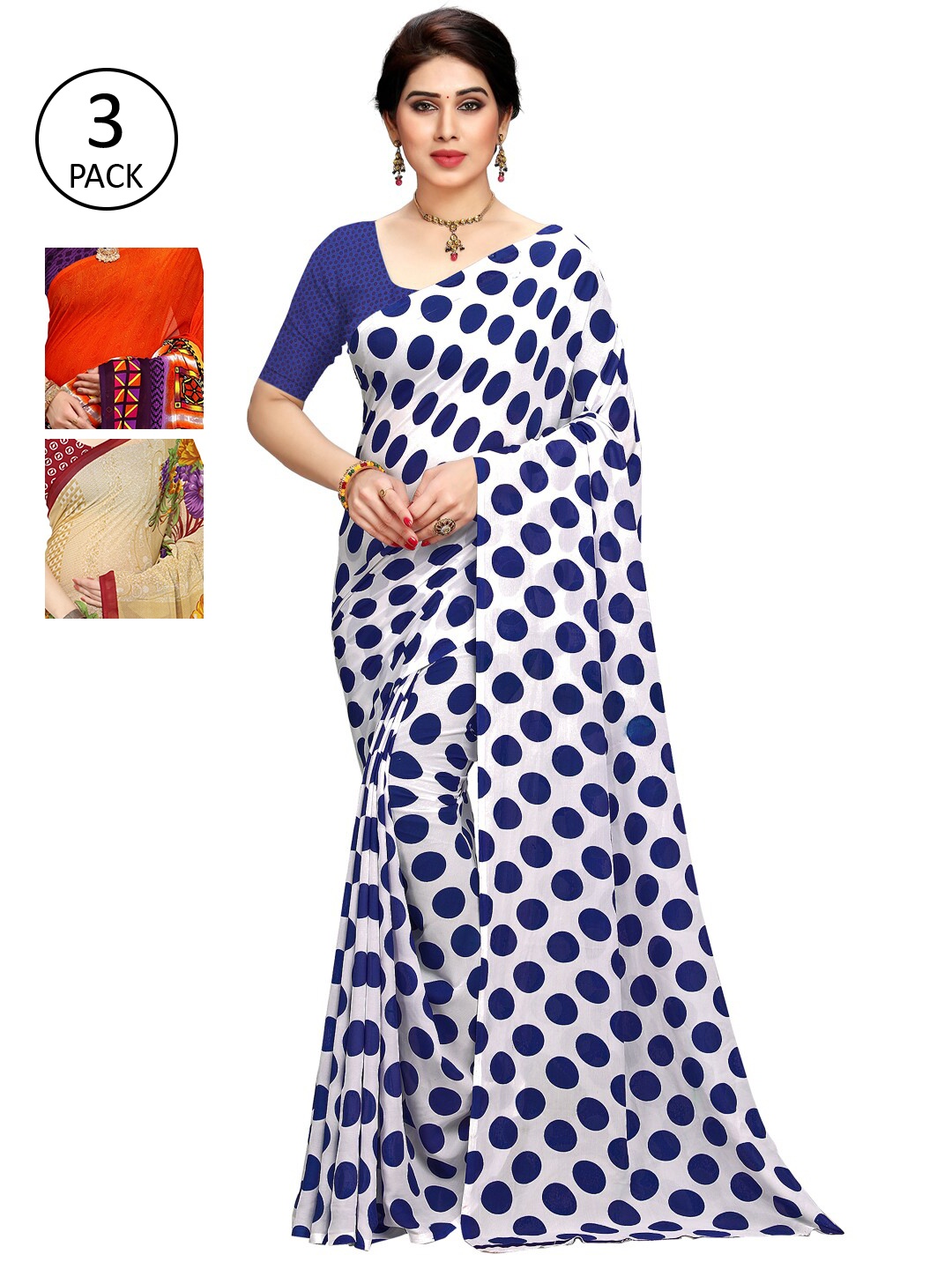 KALINI Pack Of 3 Blue & Beige Floral Saree