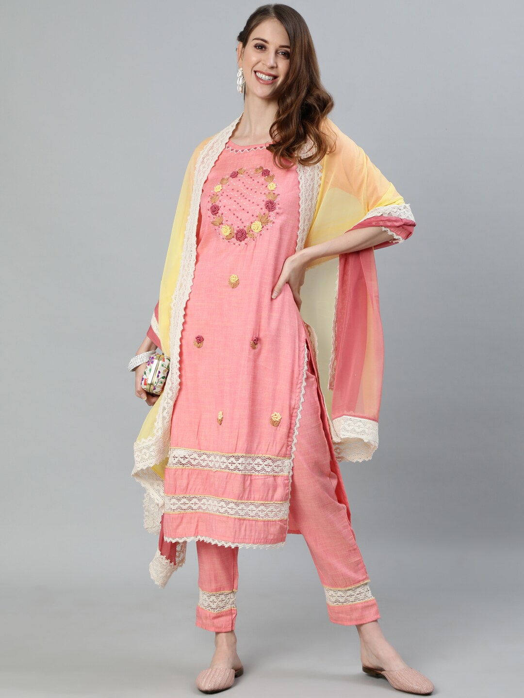 Ishin Women Pink Floral Embroidered Thread Work Kurta with Trousers & With Dupatta