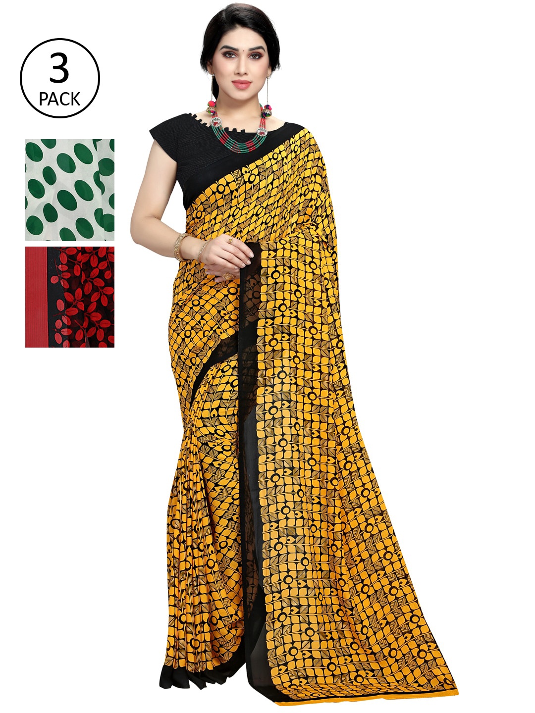 KALINI Women Pack of 3 Printed Poly Georgette Sarees, Yellow