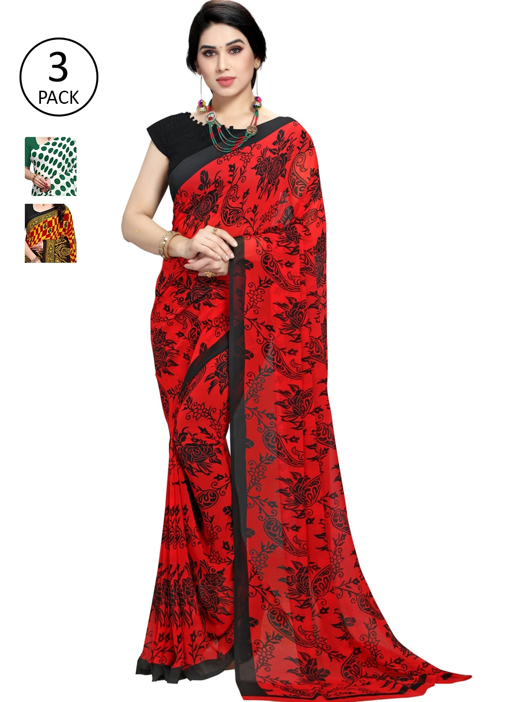 KALINI Pack of 3 Poly Georgette Sarees, White