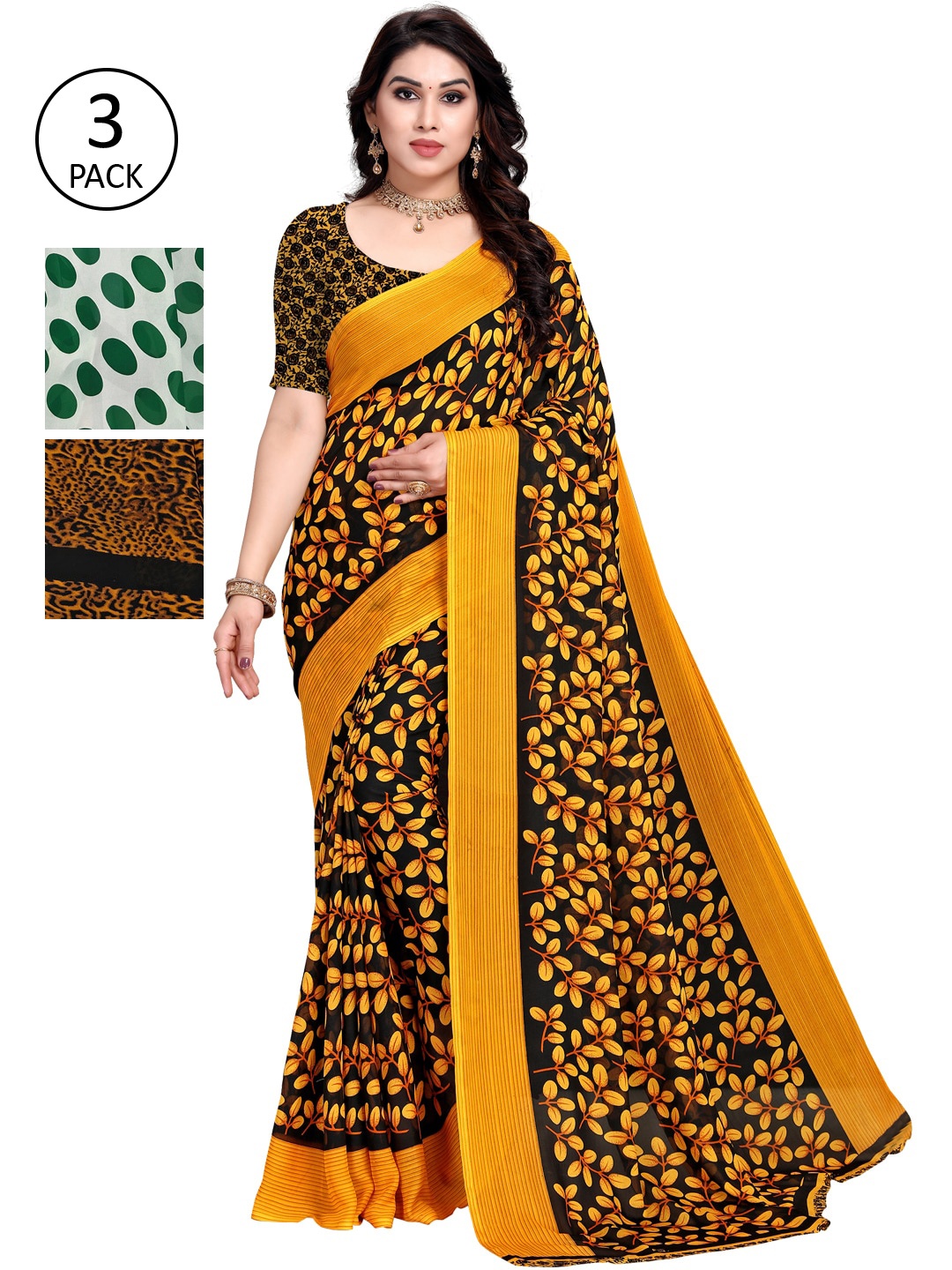 KALINI Women Pack of 3 Printed Poly Georgette Sarees, White