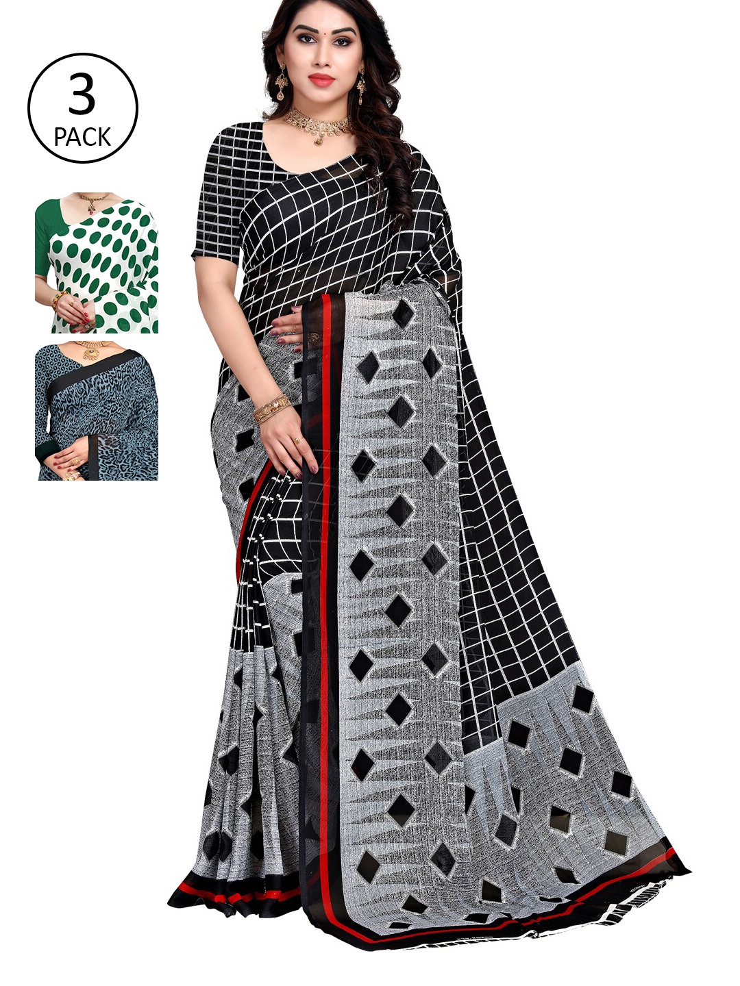 KALINI Pack Of 3 Grey & Green Saree