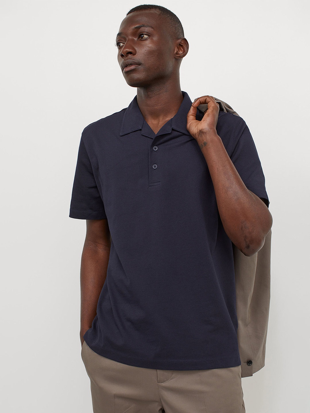 H&M Men Navy Blue Solid Coolmax Piqu Polo Shirt