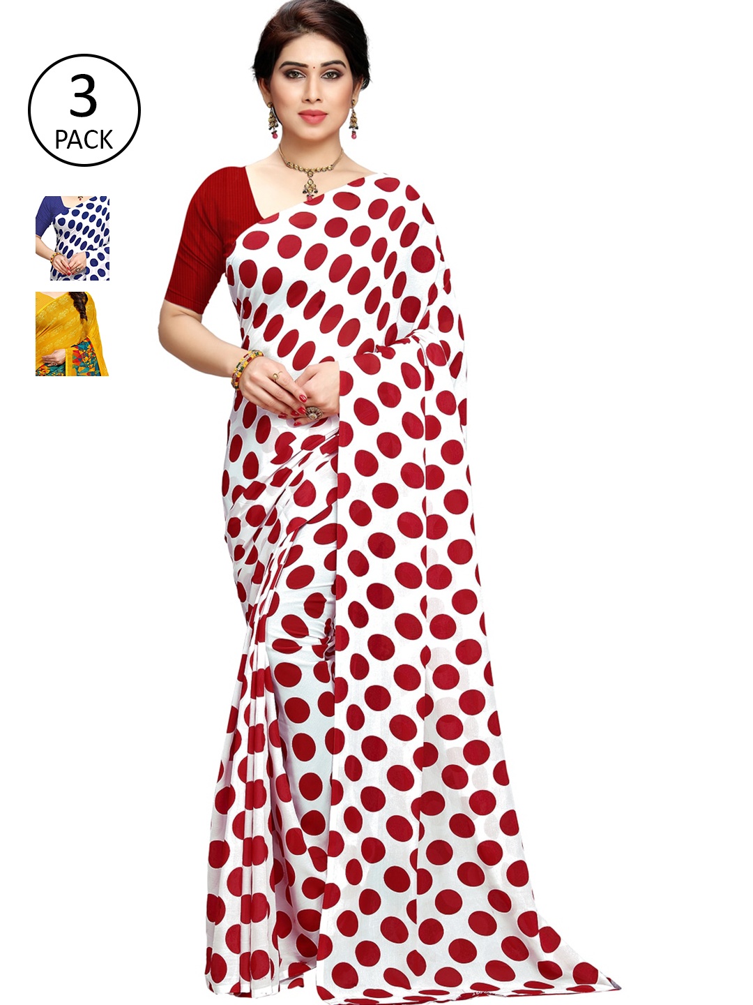 KALINI Women Pack of 3 Printed Poly Georgette Sarees, Yellow