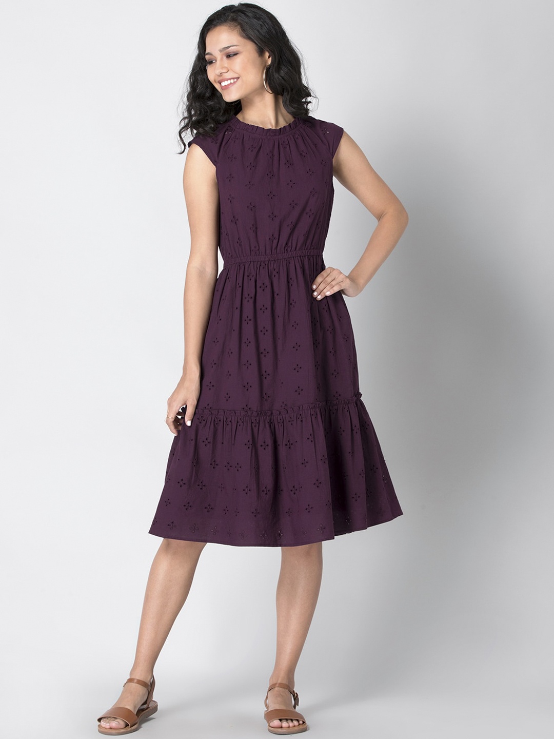 FabAlley Women Burgundy Schiffli Fit and Flare Dress