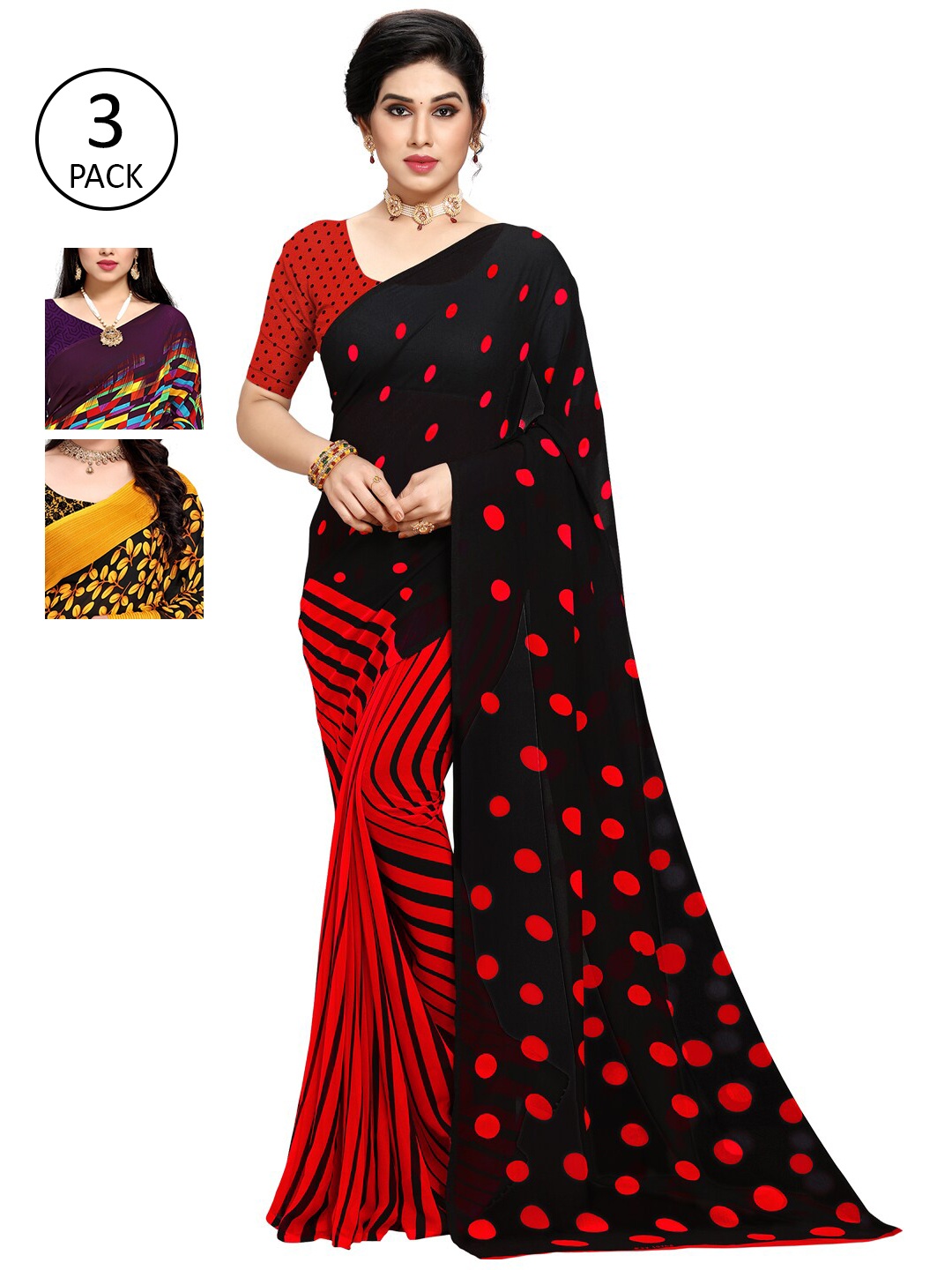 KALINI Pack Of 3 Poly Georgette Sarees, Black