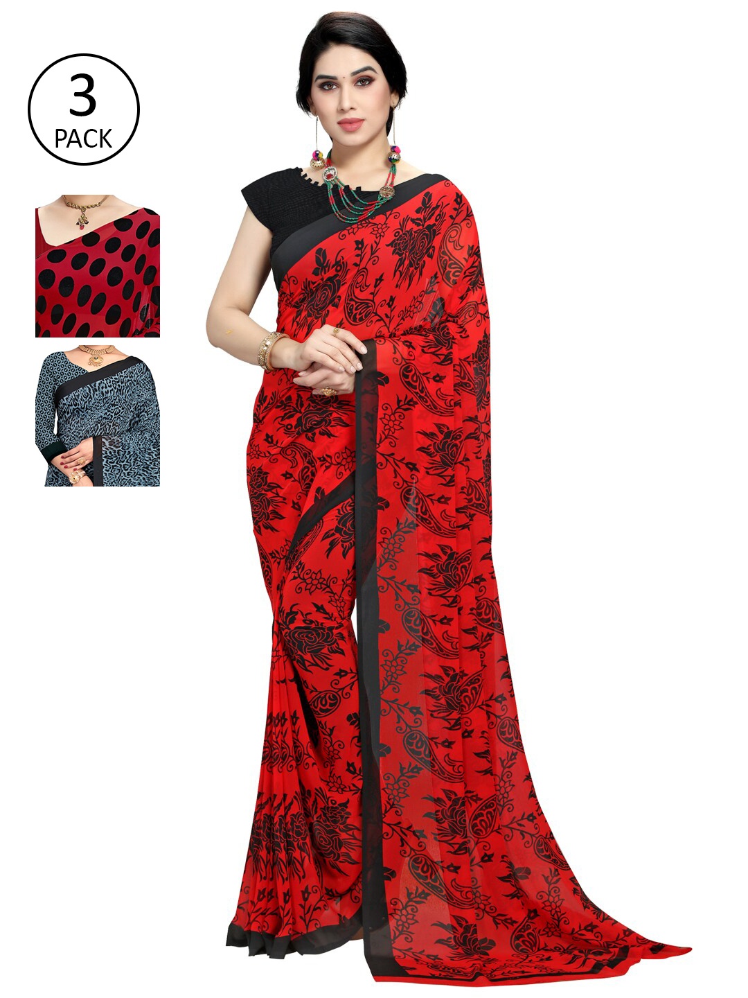 KALINI Pack of 3 Poly Georgette Sarees, Red