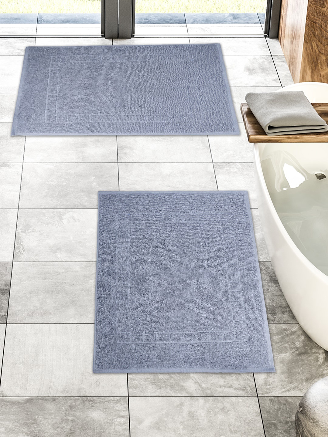 MYTRIDENT Set Of 2 Grey Checked 1200 GSM Cotton Bath Mats