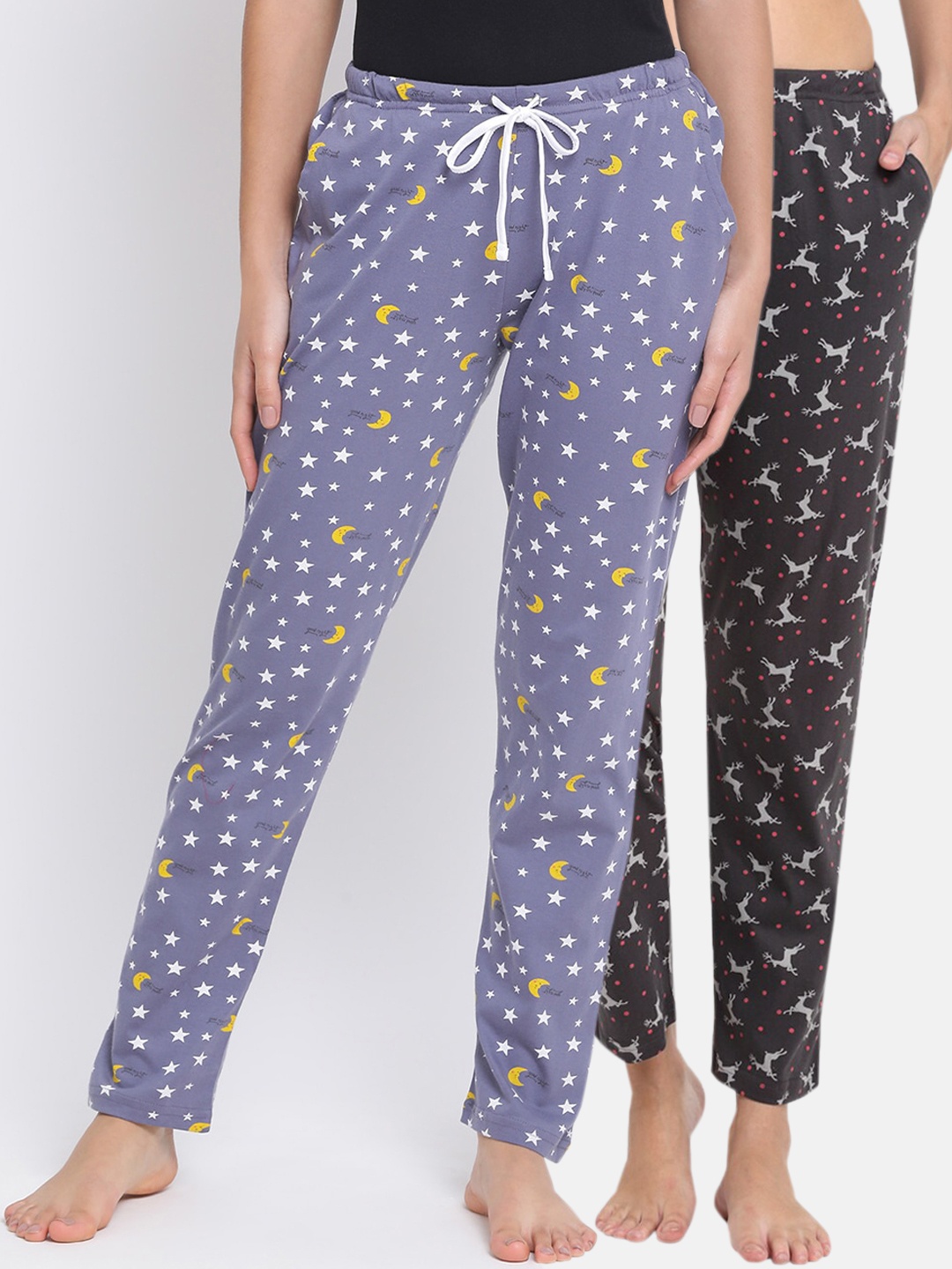 Kanvin Women Pack Of 2 Printed Pure Cotton Lounge Pants, Charcoal