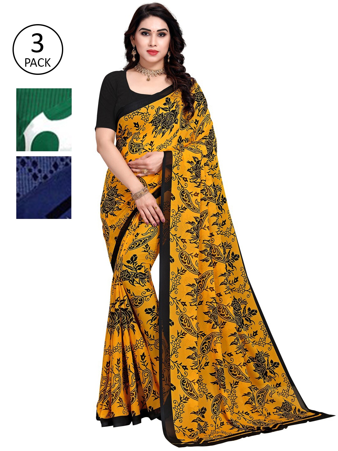 KALINI Pack Of 3 Multicoloured Poly Georgette Sarees, Multi