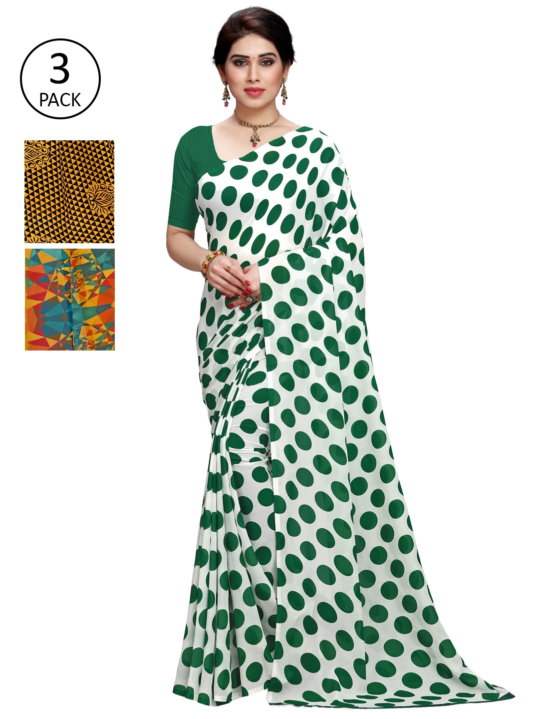 KALINI White & Green Pack of 3 Printed Saree