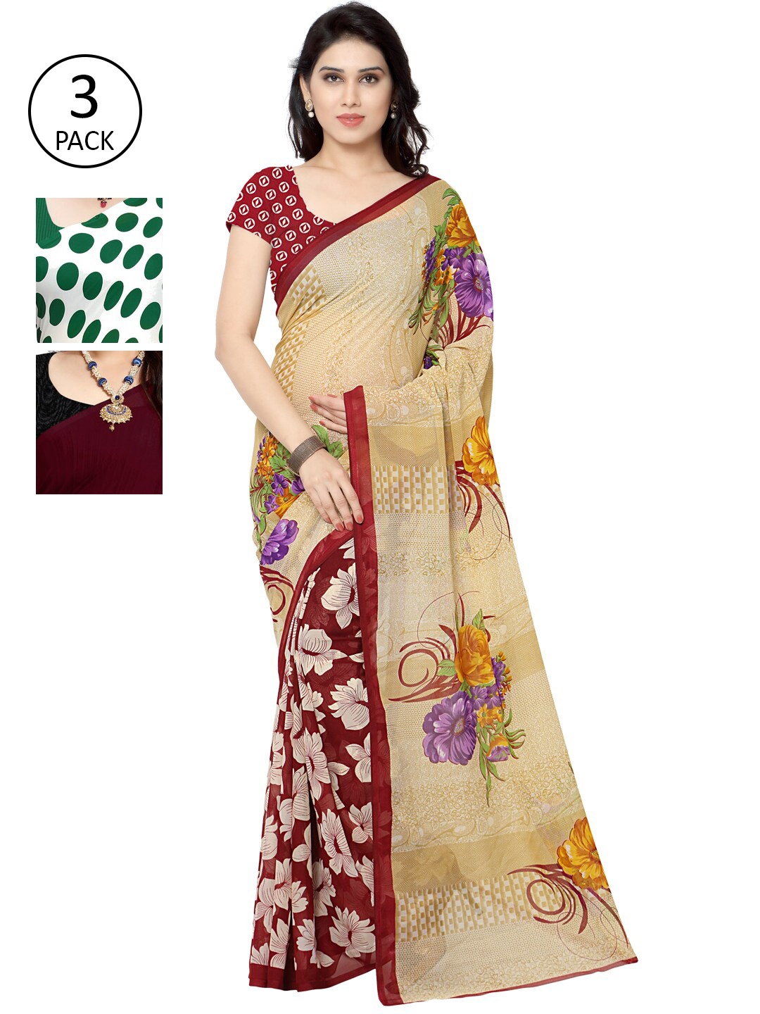 KALINI Multicoloured Set of 3 Poly Georgette Saree, Multi