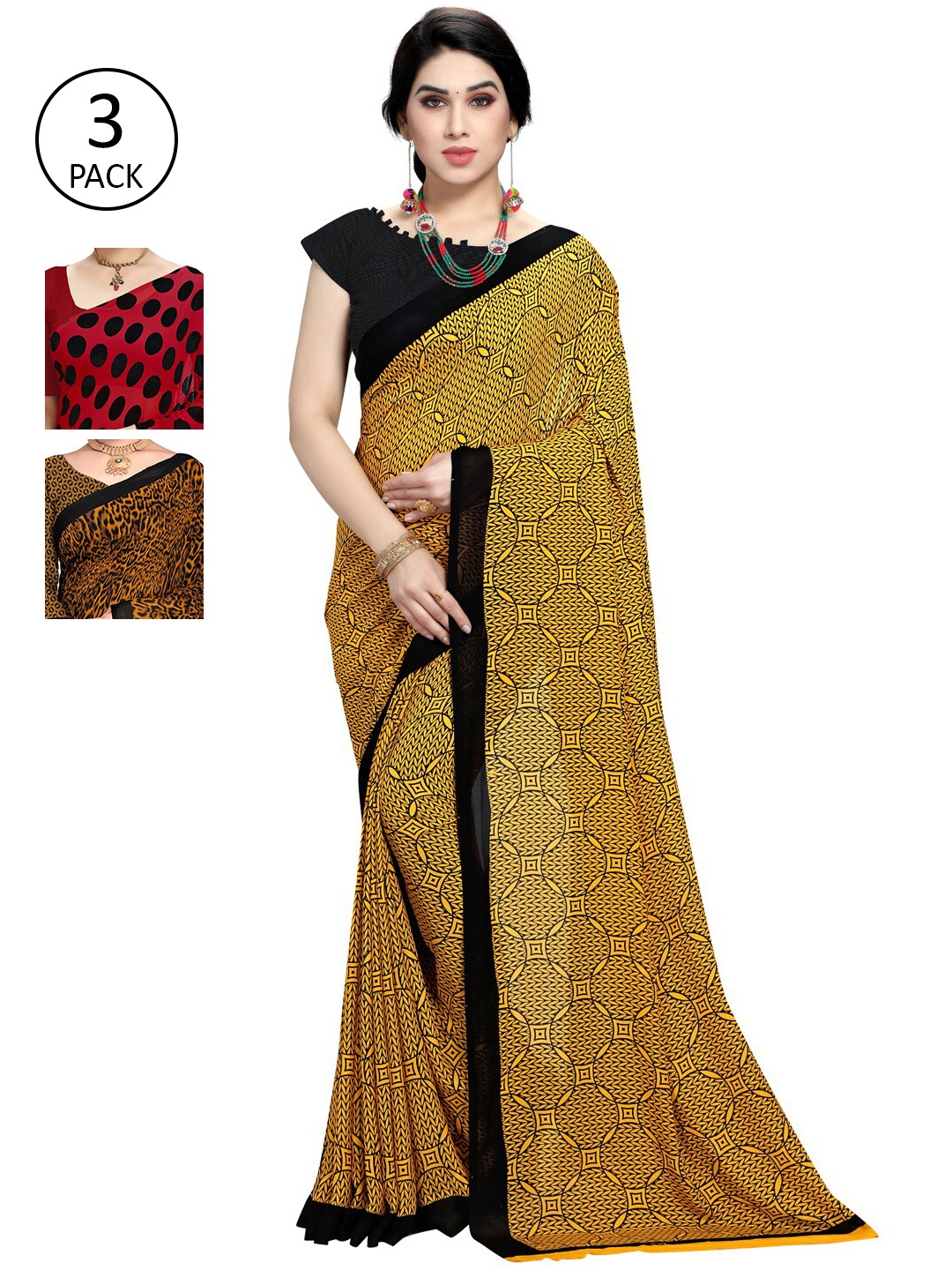 KALINI Pack Of 3 Poly Georgette Sarees, Yellow