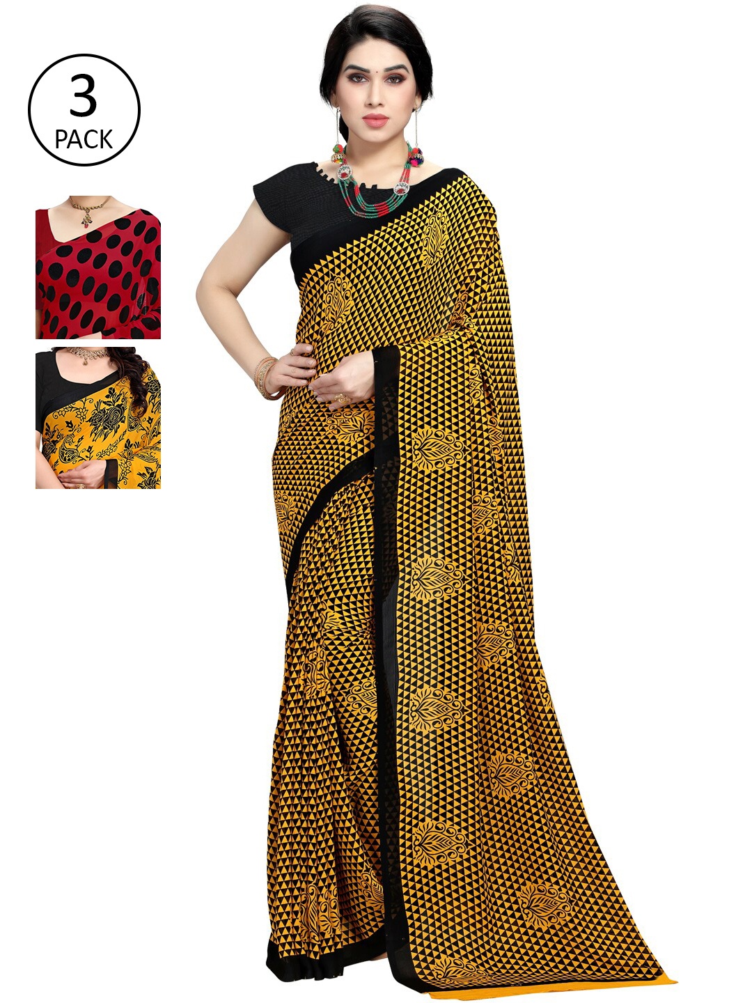 KALINI Pack Of 3 Yellow & Red Saree
