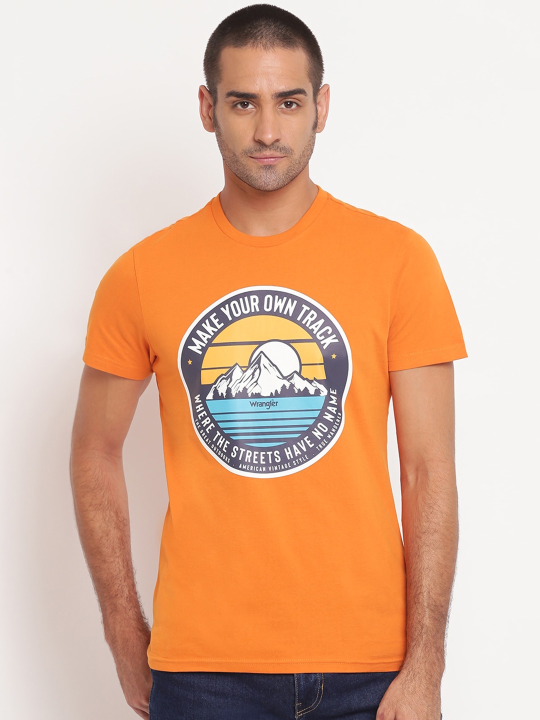 Wrangler Men Orange Printed Applique T-shirt