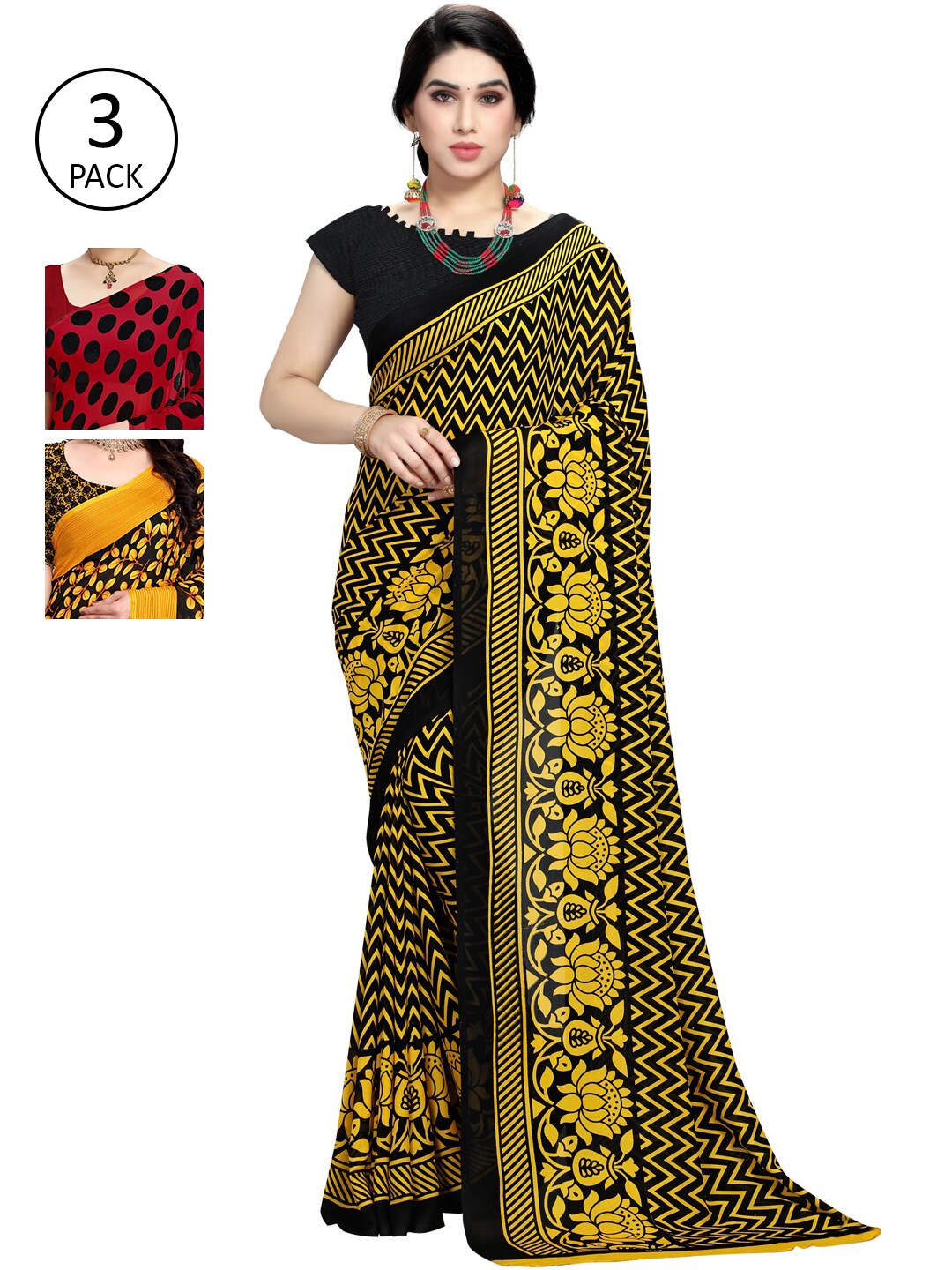 KALINI Pack of 3 Printed Poly Georgette Saree, Yellow