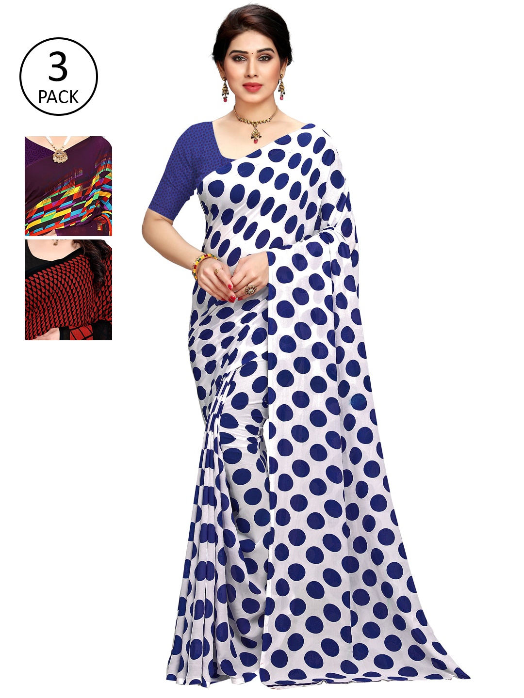 KALINI Women Pack of 3 Printed Poly Georgette Sarees, White