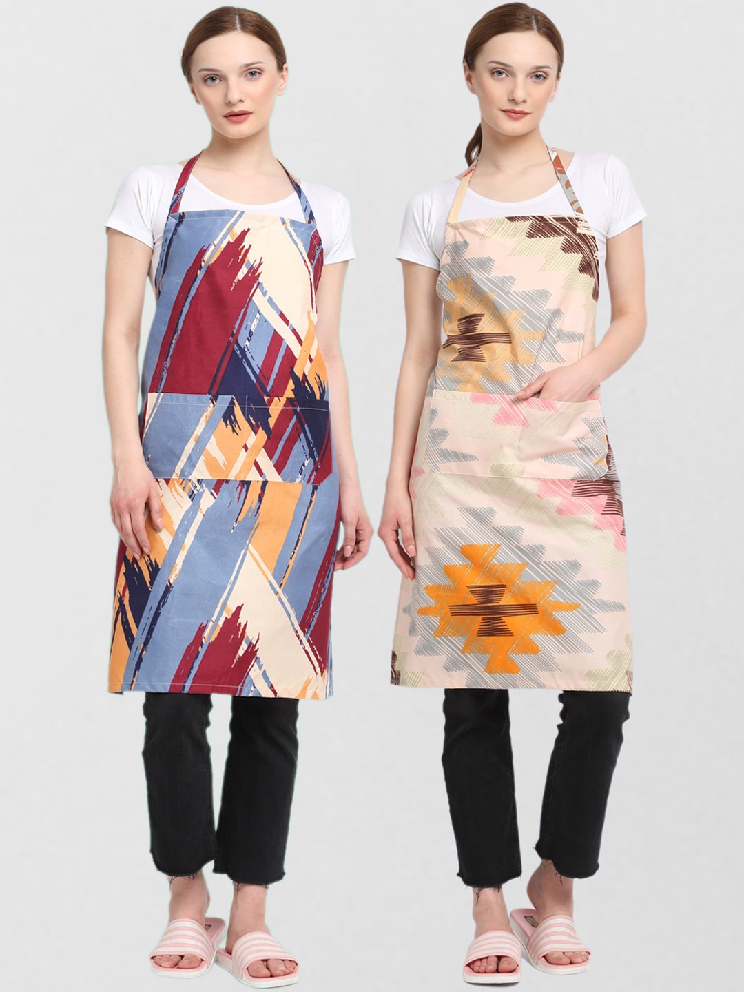 KLOTTHE Pack Of 2 Printed 210 TC Cotton Aprons, Beige