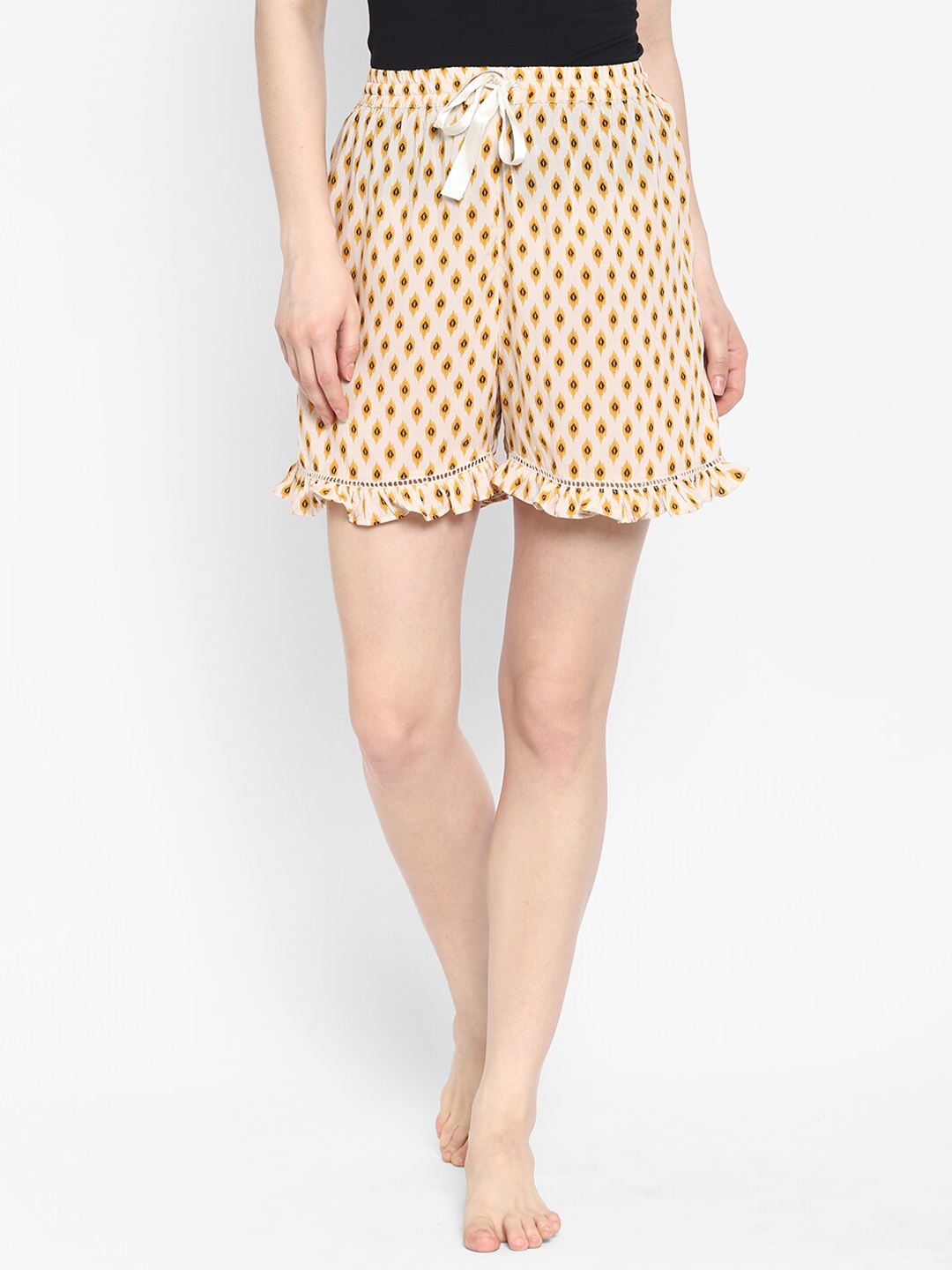 COASTLAND Women Cream & Yellow Printed Lounge Shorts