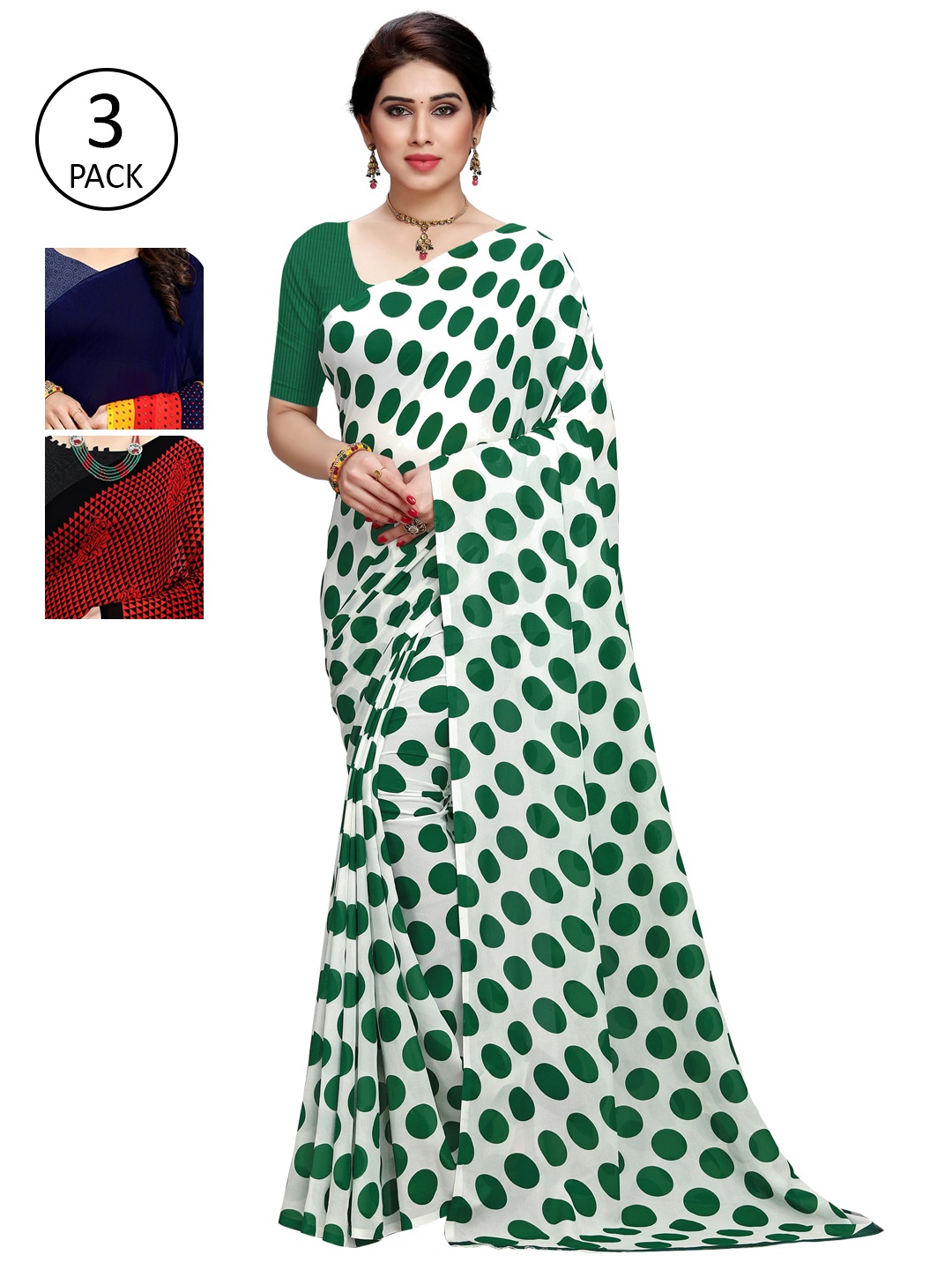 KALINI White & Green Pack of 3 Saree