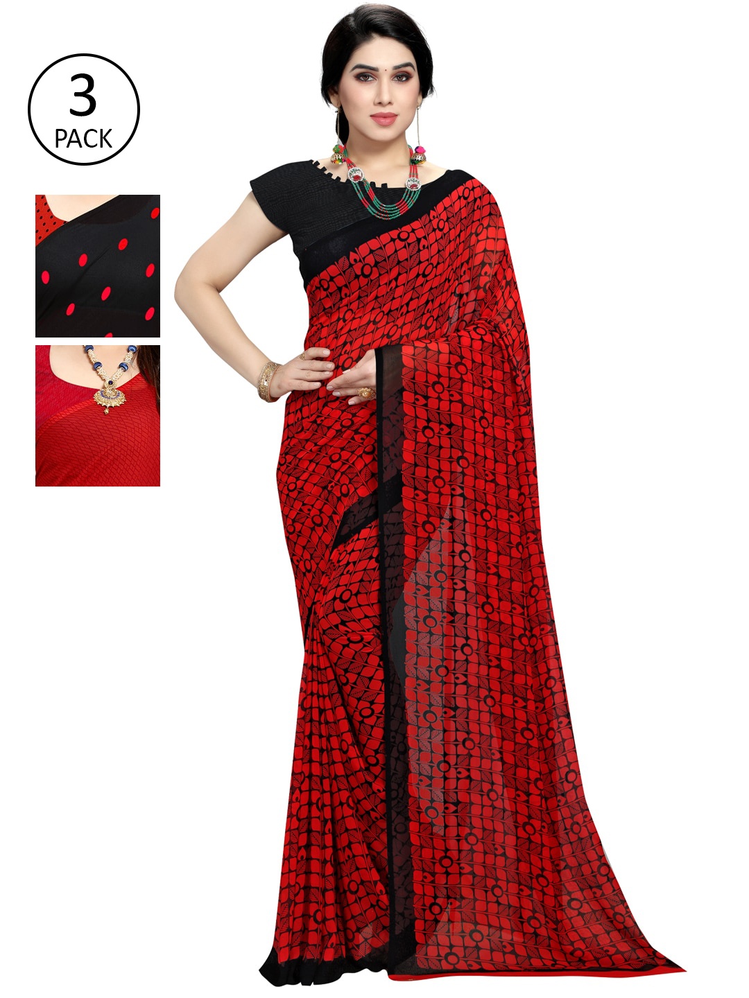KALINI Multi Pack of 3 Printed Poly Georgette Saree