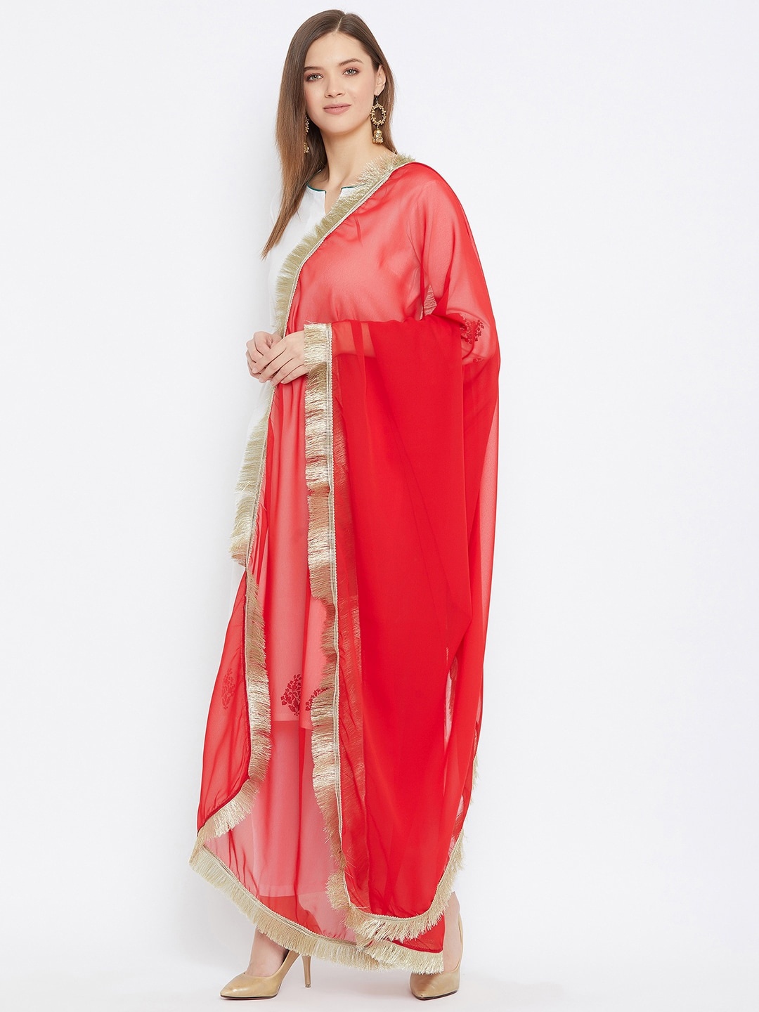Bitterlime Red & Gold Fringe Border Dupatta