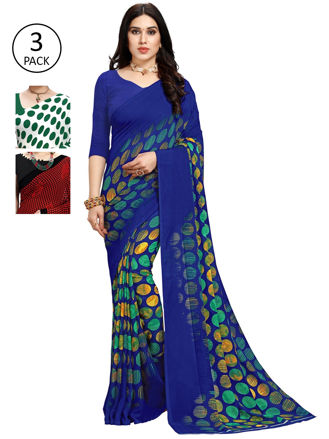 KALINI Pack of 3 Poly Georgette Sarees, White