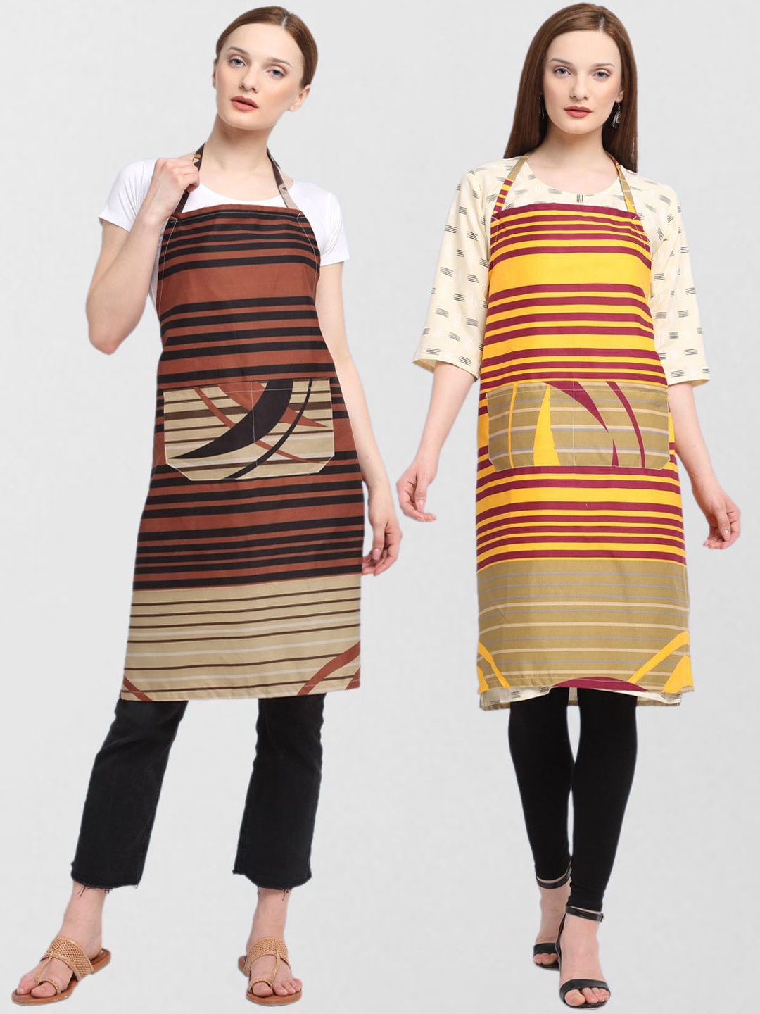 KLOTTHE Unisex Pack Of 2 Printed 210TC Cotton Aprons, Brown