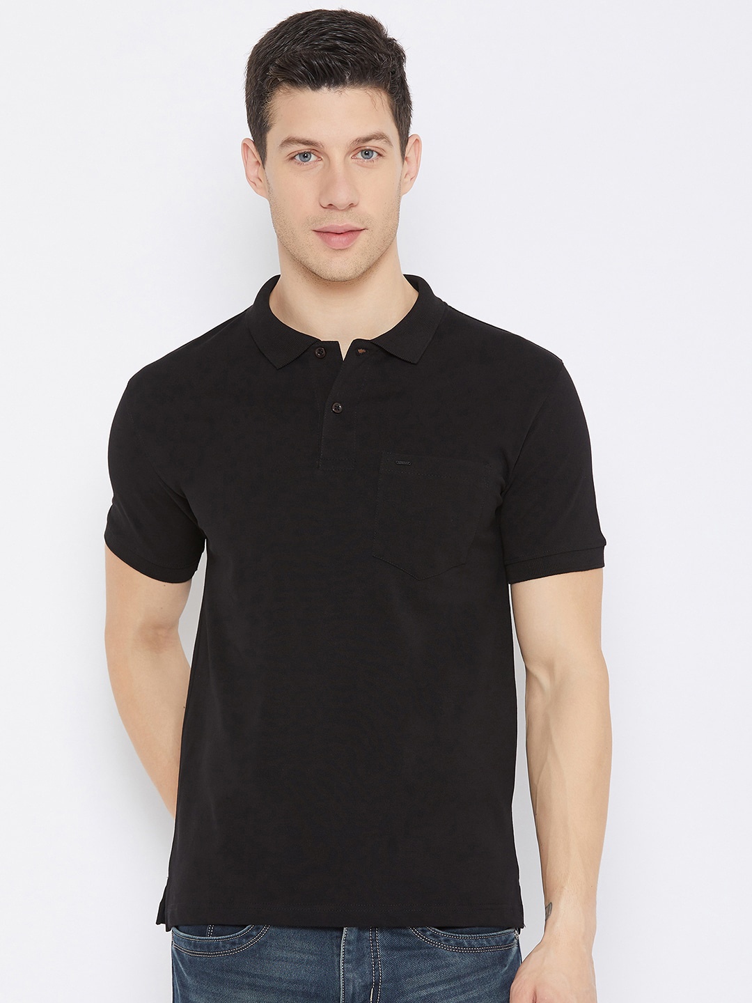 Okane Men Black Polo Collar T-shirt
