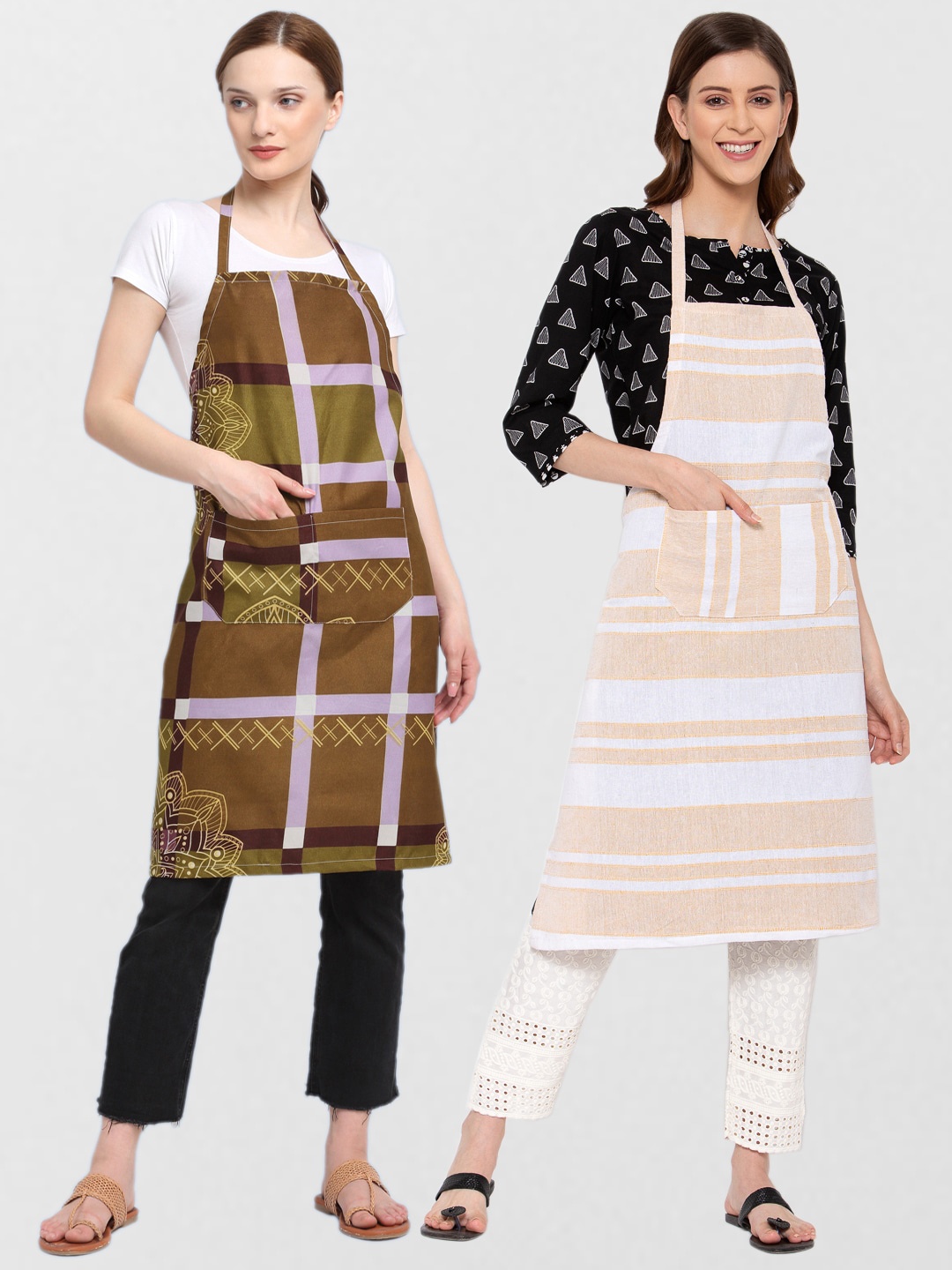 KLOTTHE Unisex Pack Of 2 Printed 210 TC Cotton Aprons, Beige