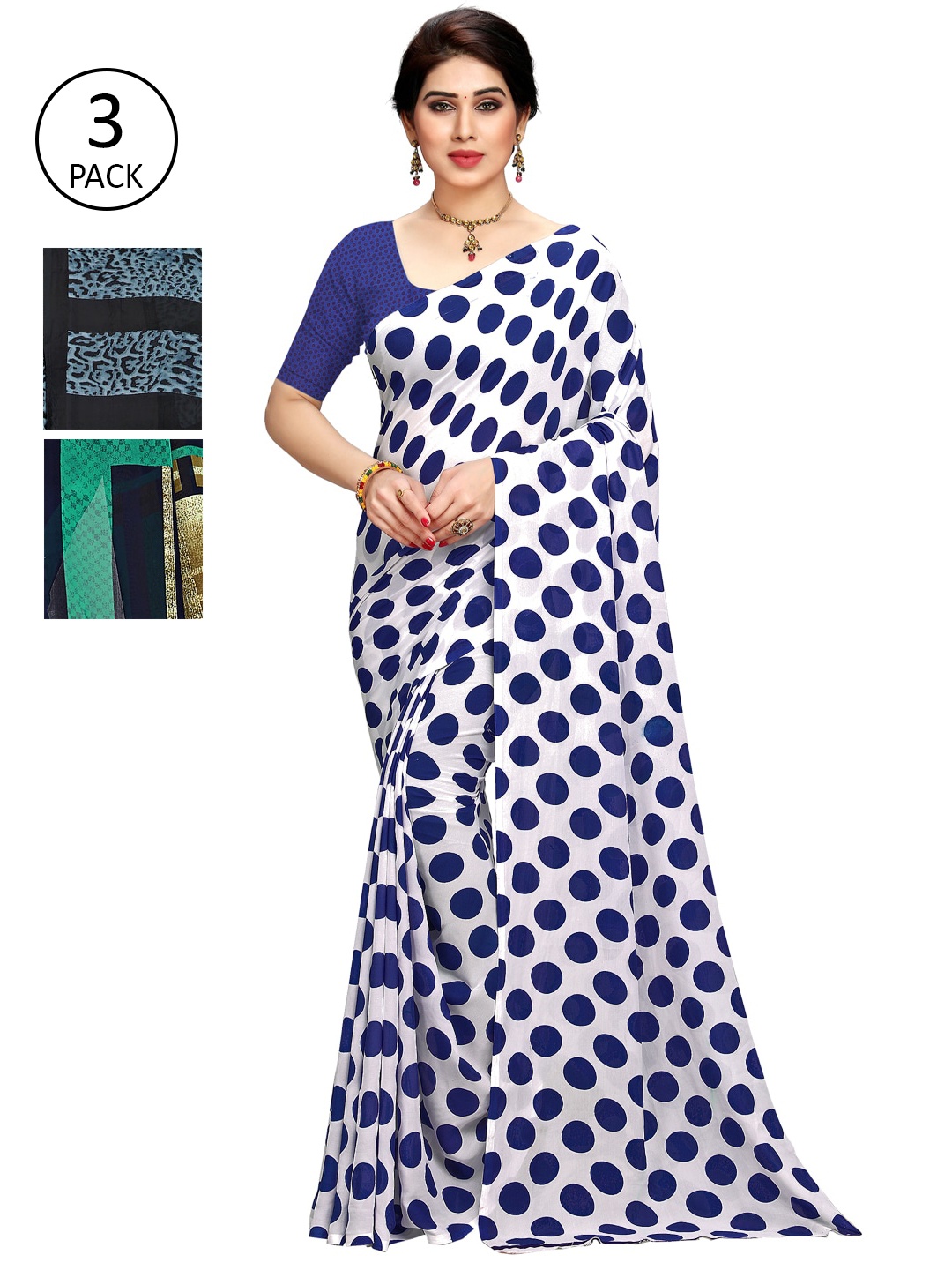 KALINI Pack Of 3 White & Blue Saree