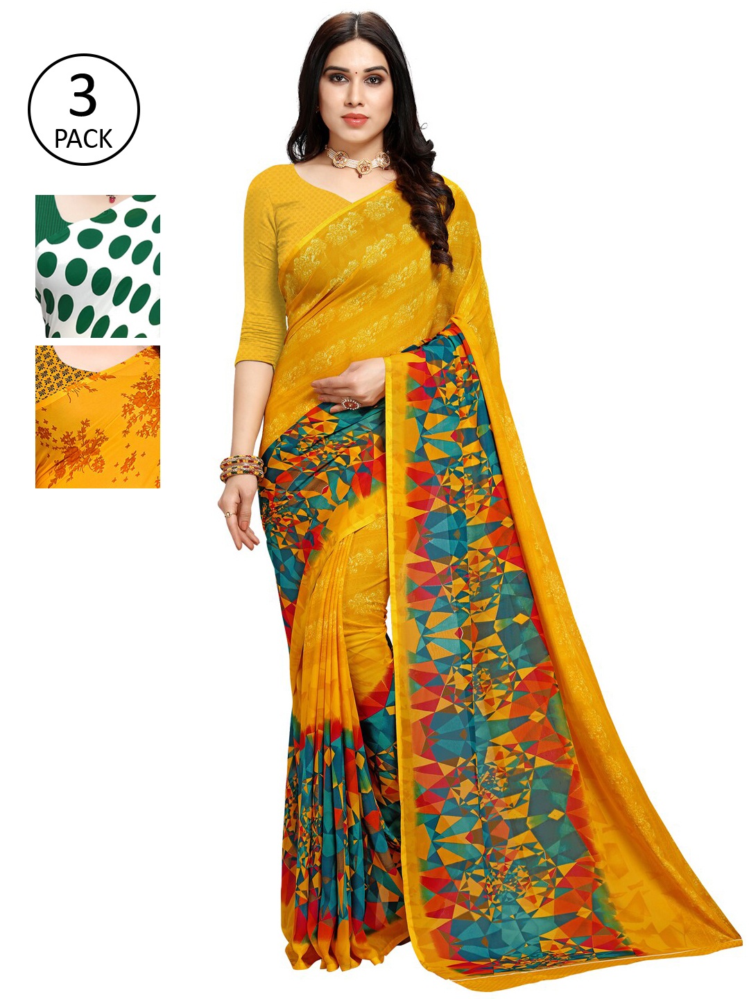KALINI Pack Of 3 Green & Yellow Saree